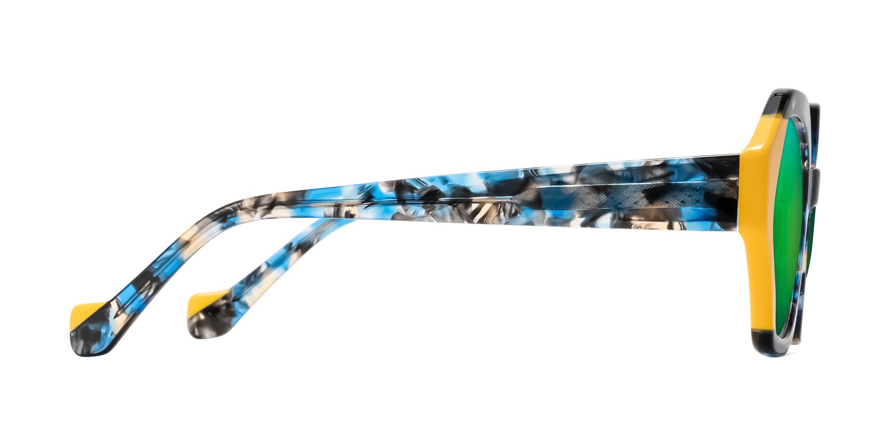 Side of Kawa in Blue Ink/Yellow with Green Mirrored Lenses