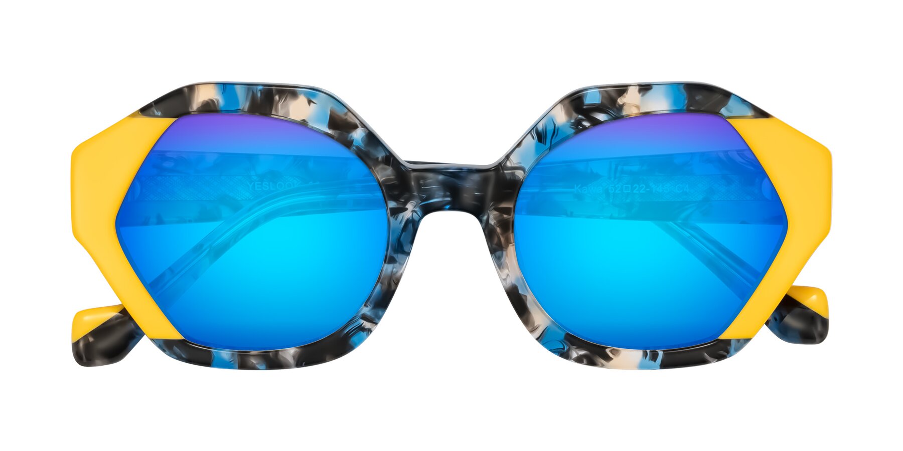 Folded Front of Kawa in Blue Ink/Yellow with Blue Mirrored Lenses