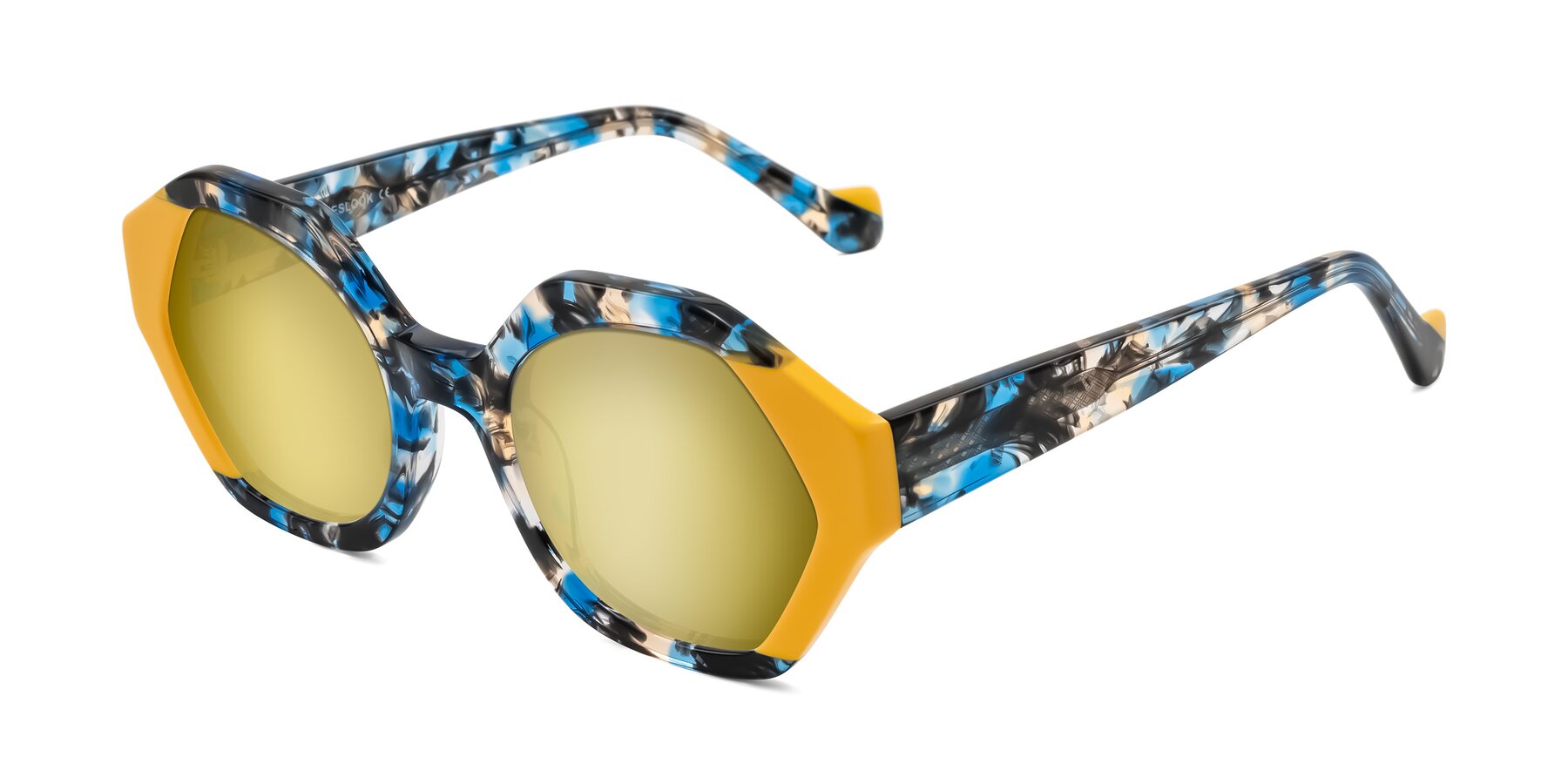 Angle of Kawa in Blue Ink/Yellow with Gold Mirrored Lenses