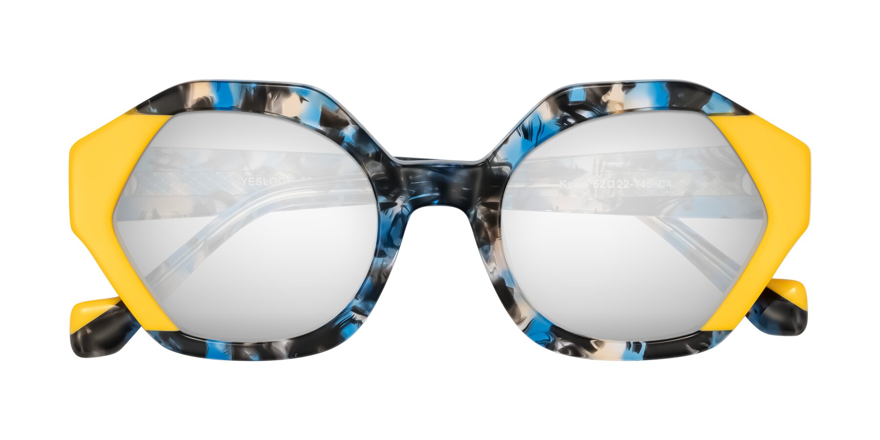 Folded Front of Kawa in Blue Ink/Yellow with Silver Mirrored Lenses
