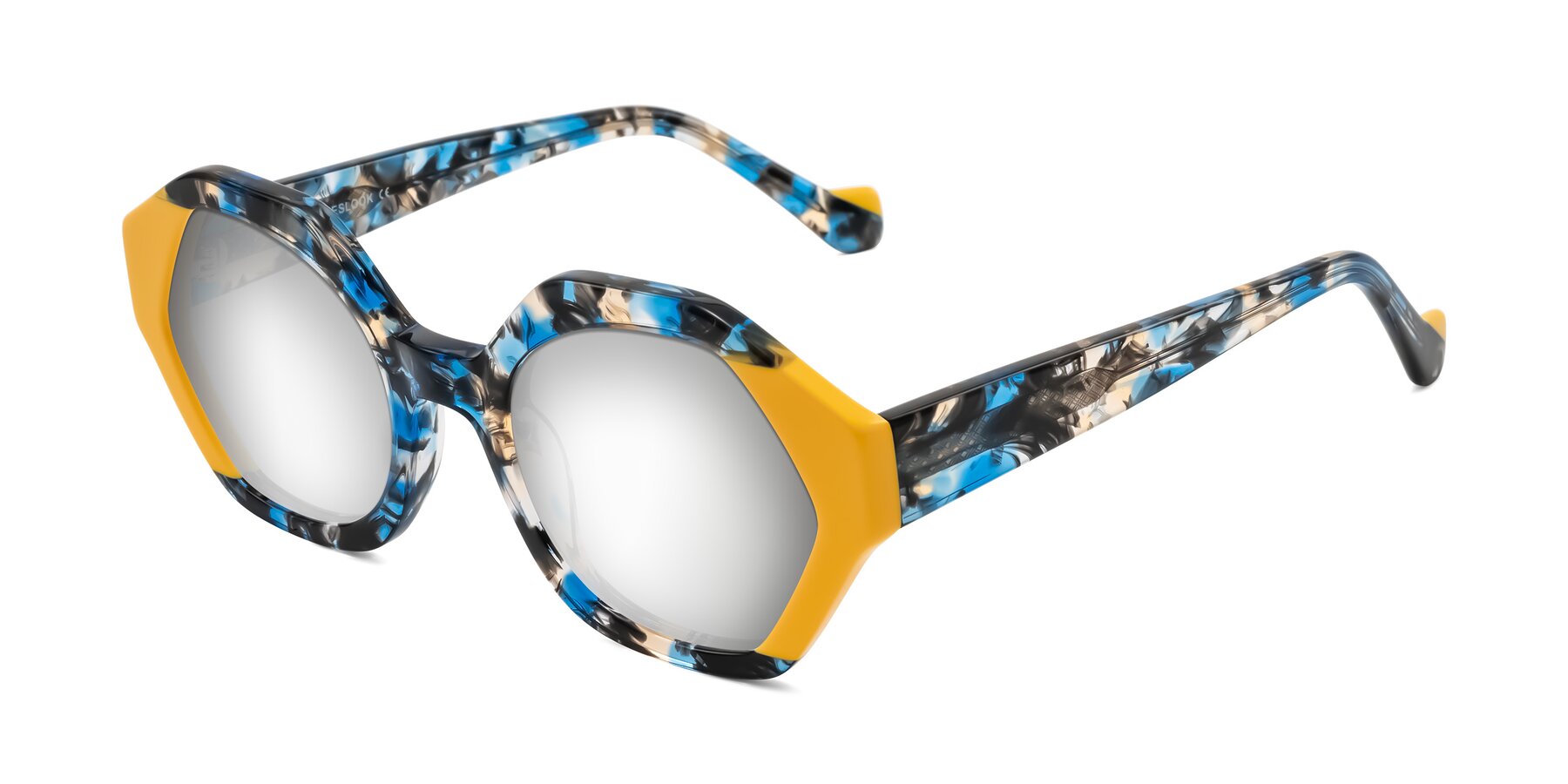 Angle of Kawa in Blue Ink/Yellow with Silver Mirrored Lenses