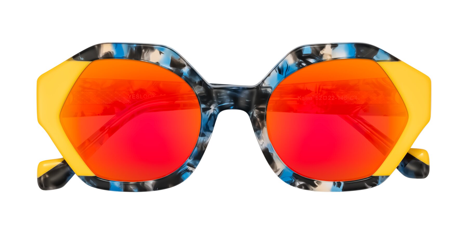 Folded Front of Kawa in Blue Ink/Yellow with Red Gold Mirrored Lenses