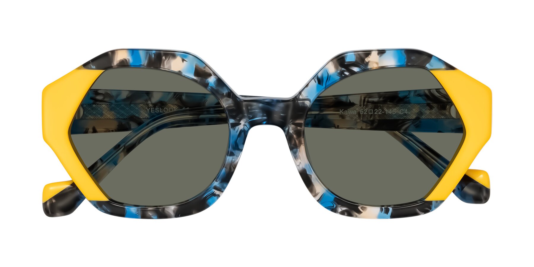 Folded Front of Kawa in Blue Ink/Yellow with Gray Polarized Lenses