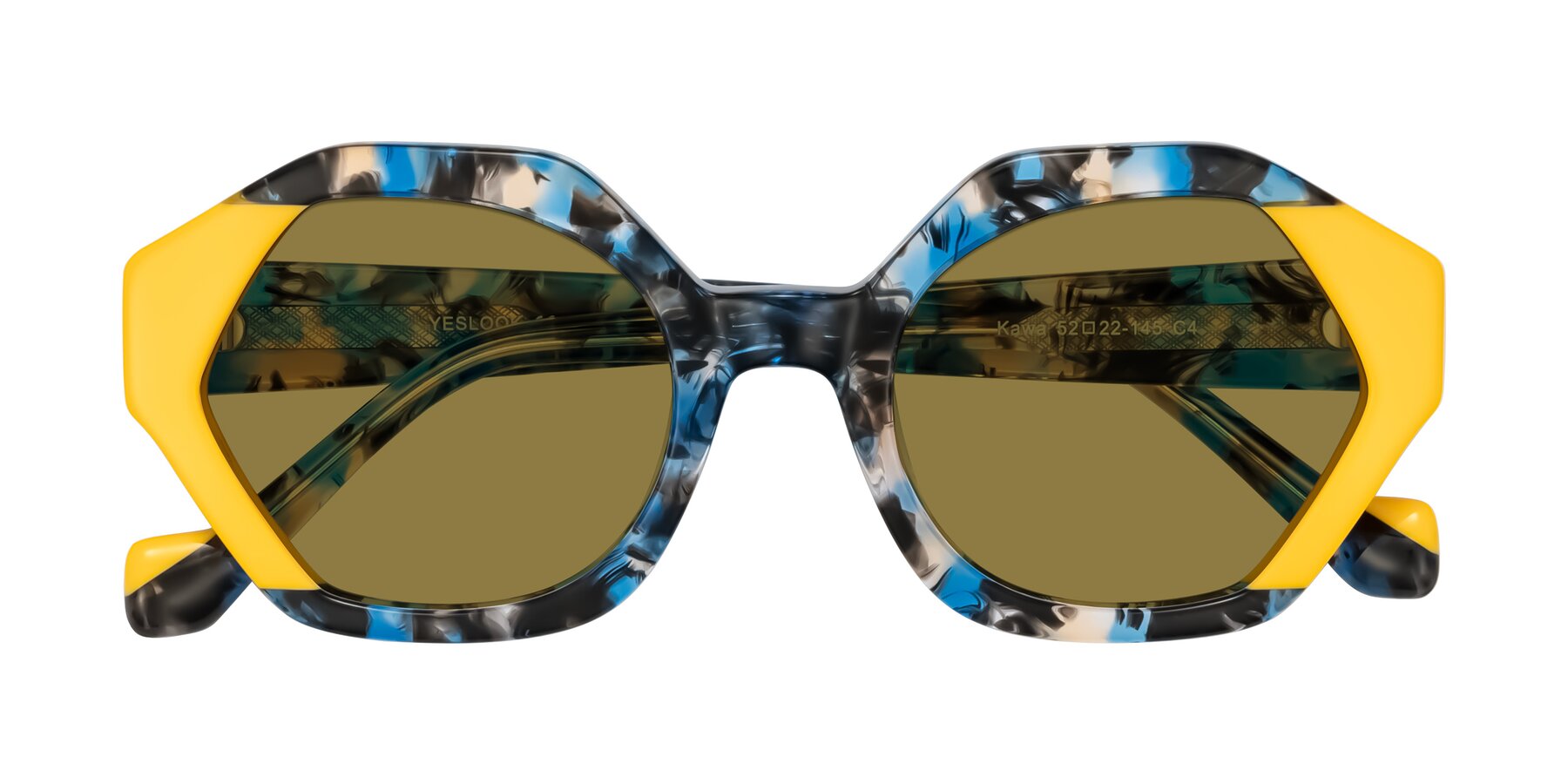 Folded Front of Kawa in Blue Ink/Yellow with Brown Polarized Lenses