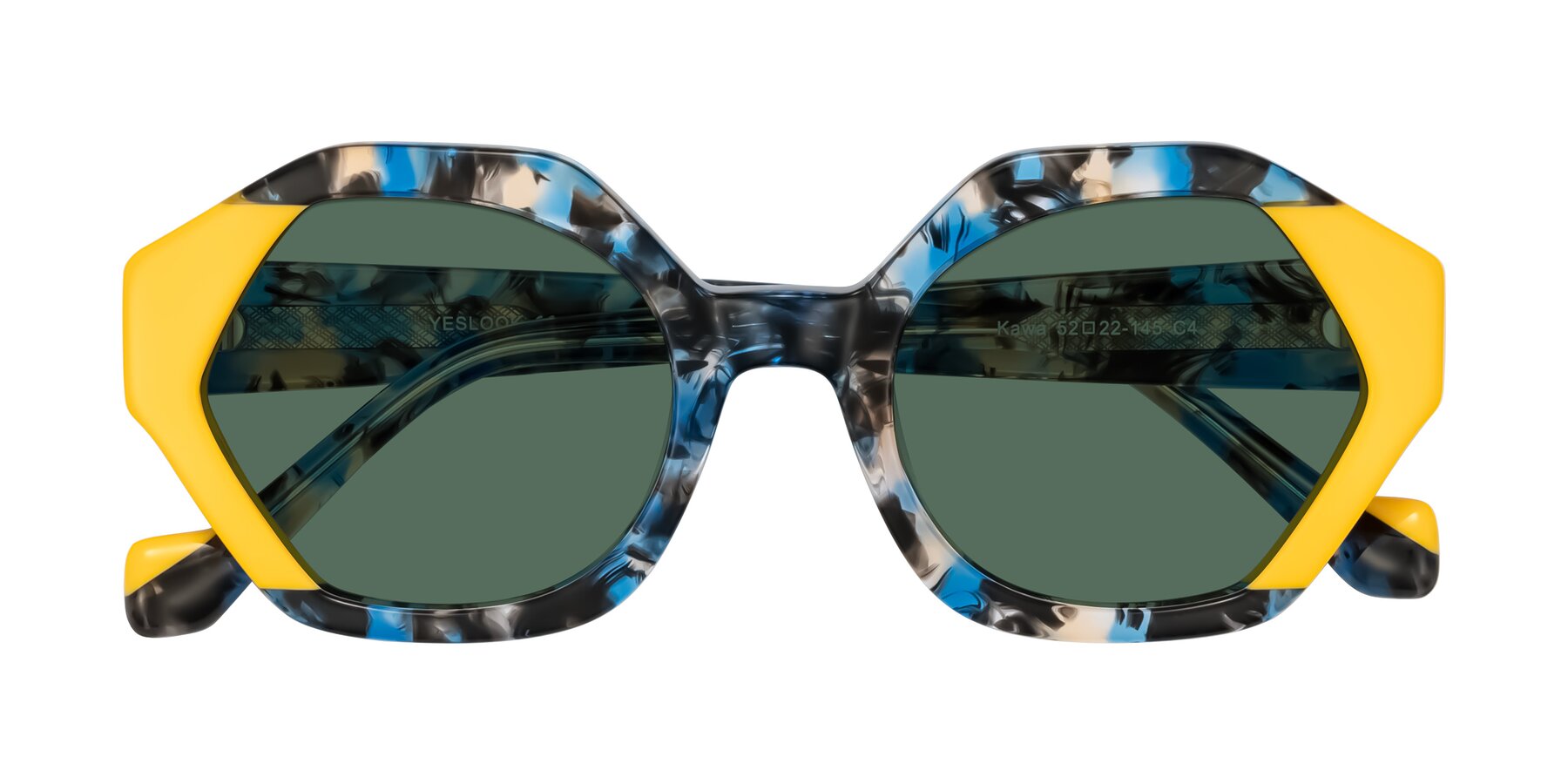 Folded Front of Kawa in Blue Ink/Yellow with Green Polarized Lenses