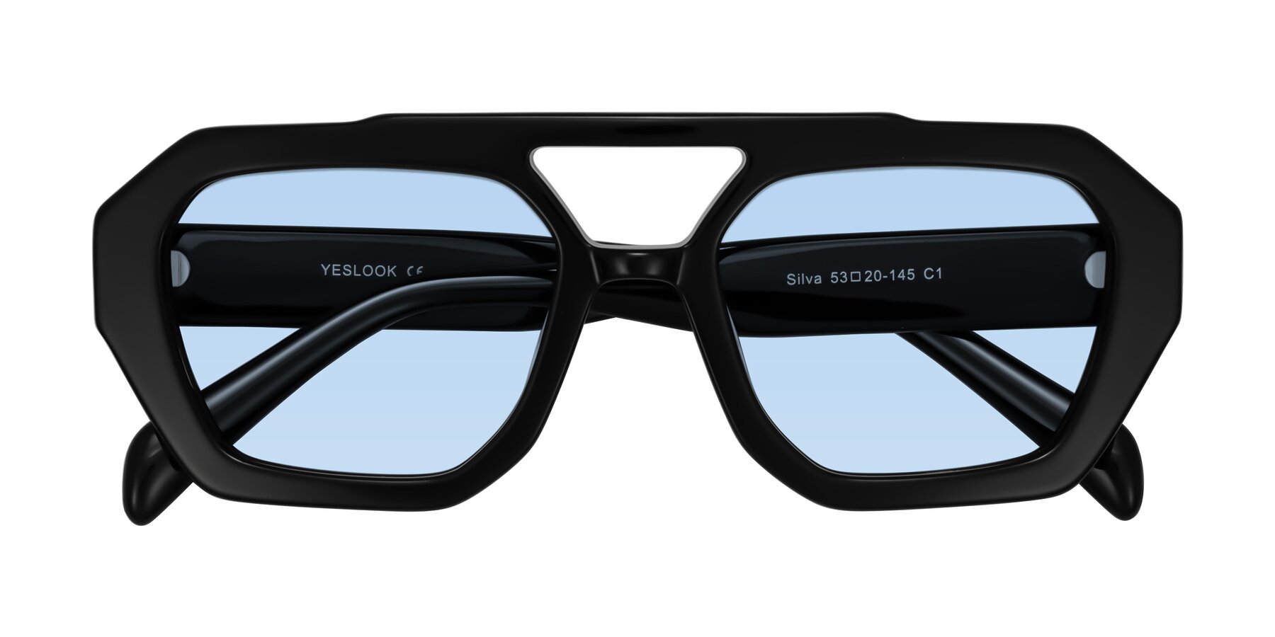 Folded Front of Silva in Black with Light Blue Tinted Lenses