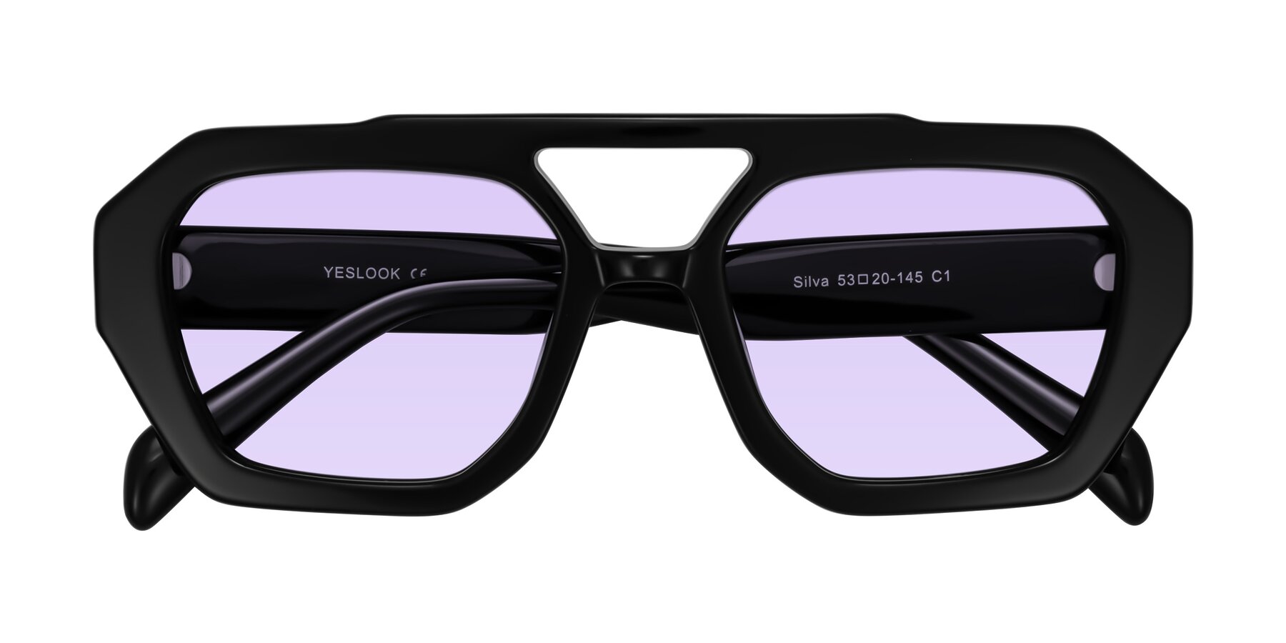 Folded Front of Silva in Black with Light Purple Tinted Lenses
