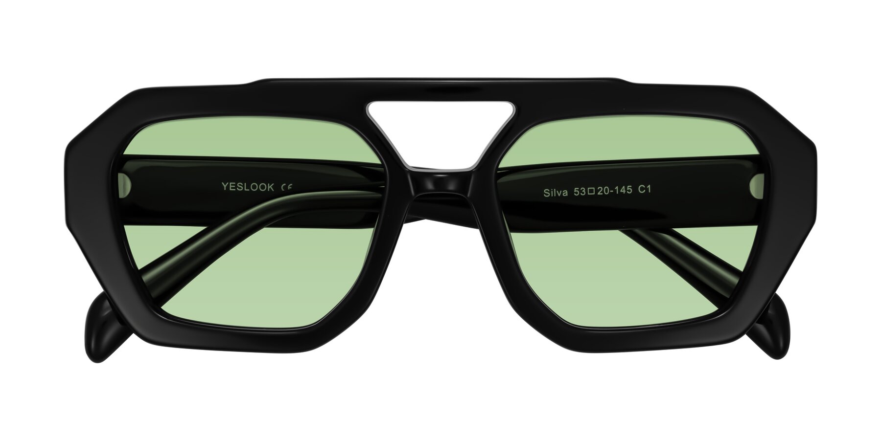 Folded Front of Silva in Black with Medium Green Tinted Lenses