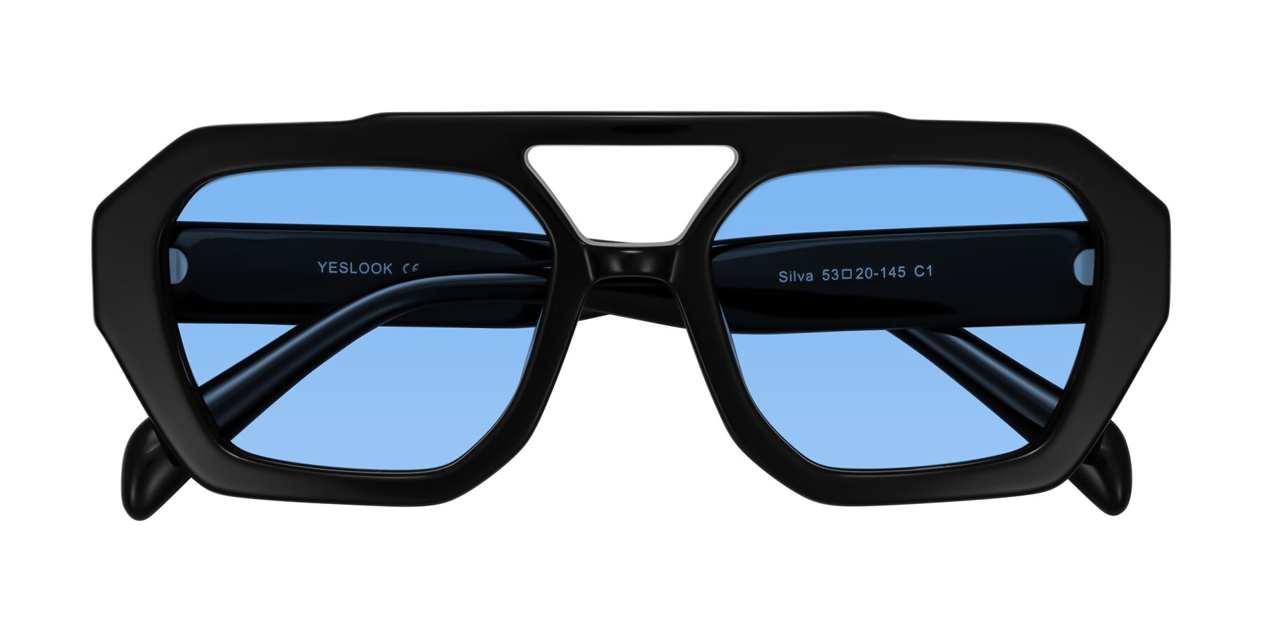 Folded Front of Silva in Black with Medium Blue Tinted Lenses