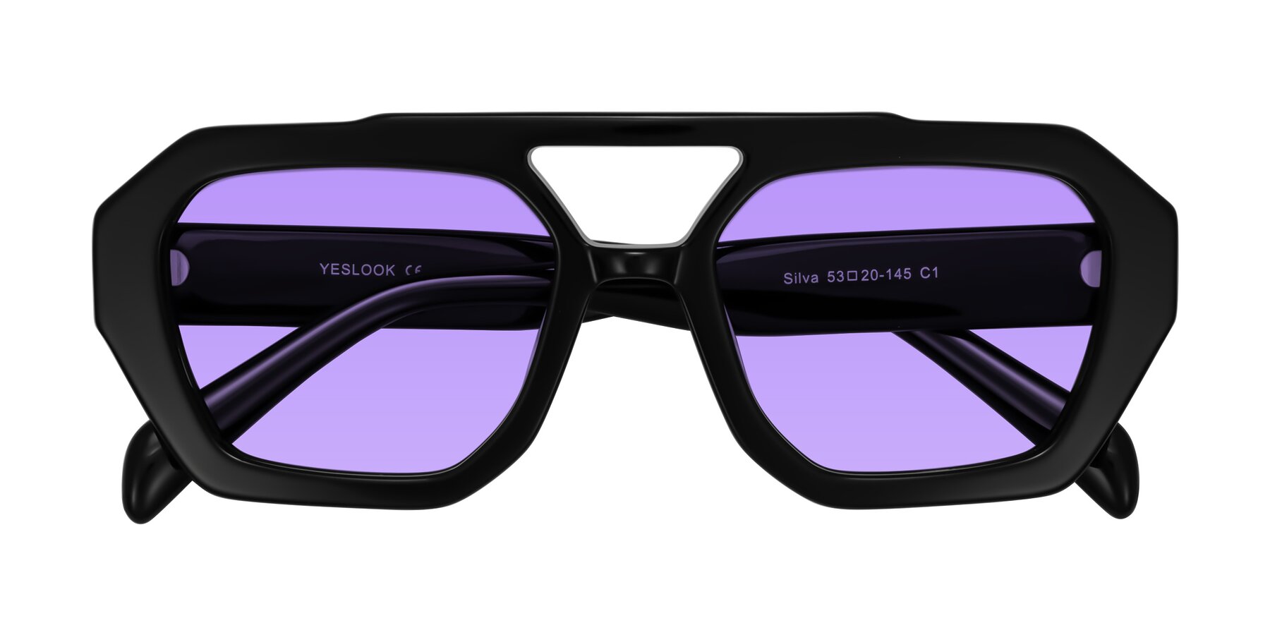 Folded Front of Silva in Black with Medium Purple Tinted Lenses