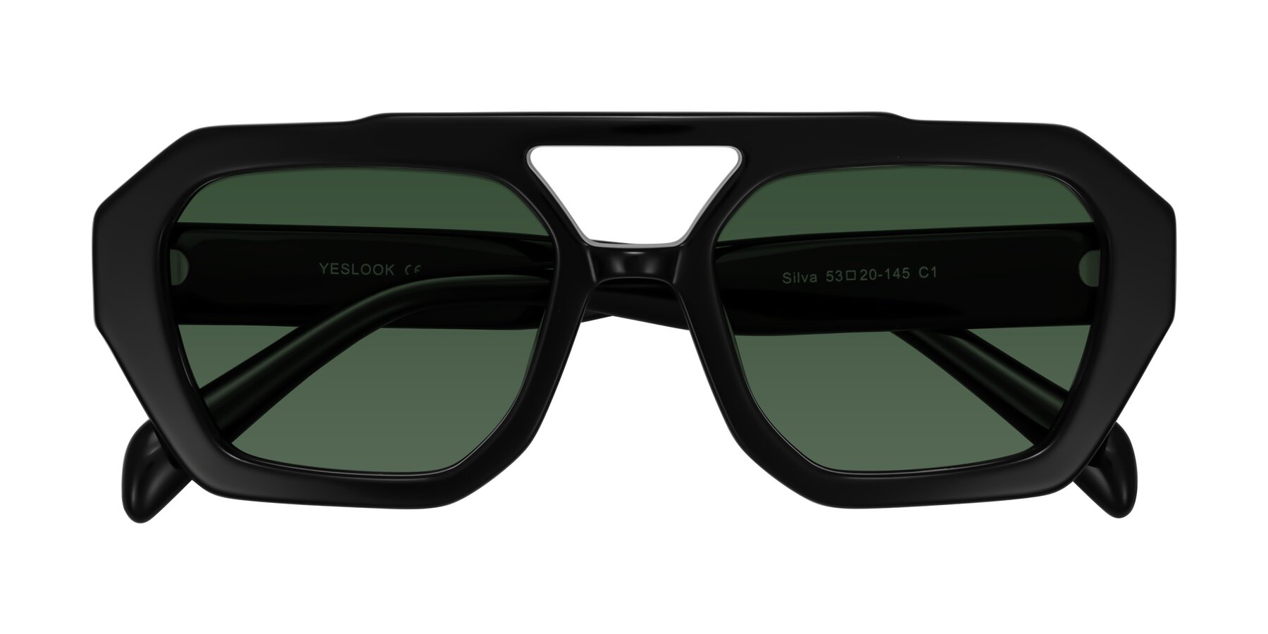 Folded Front of Silva in Black with Green Tinted Lenses