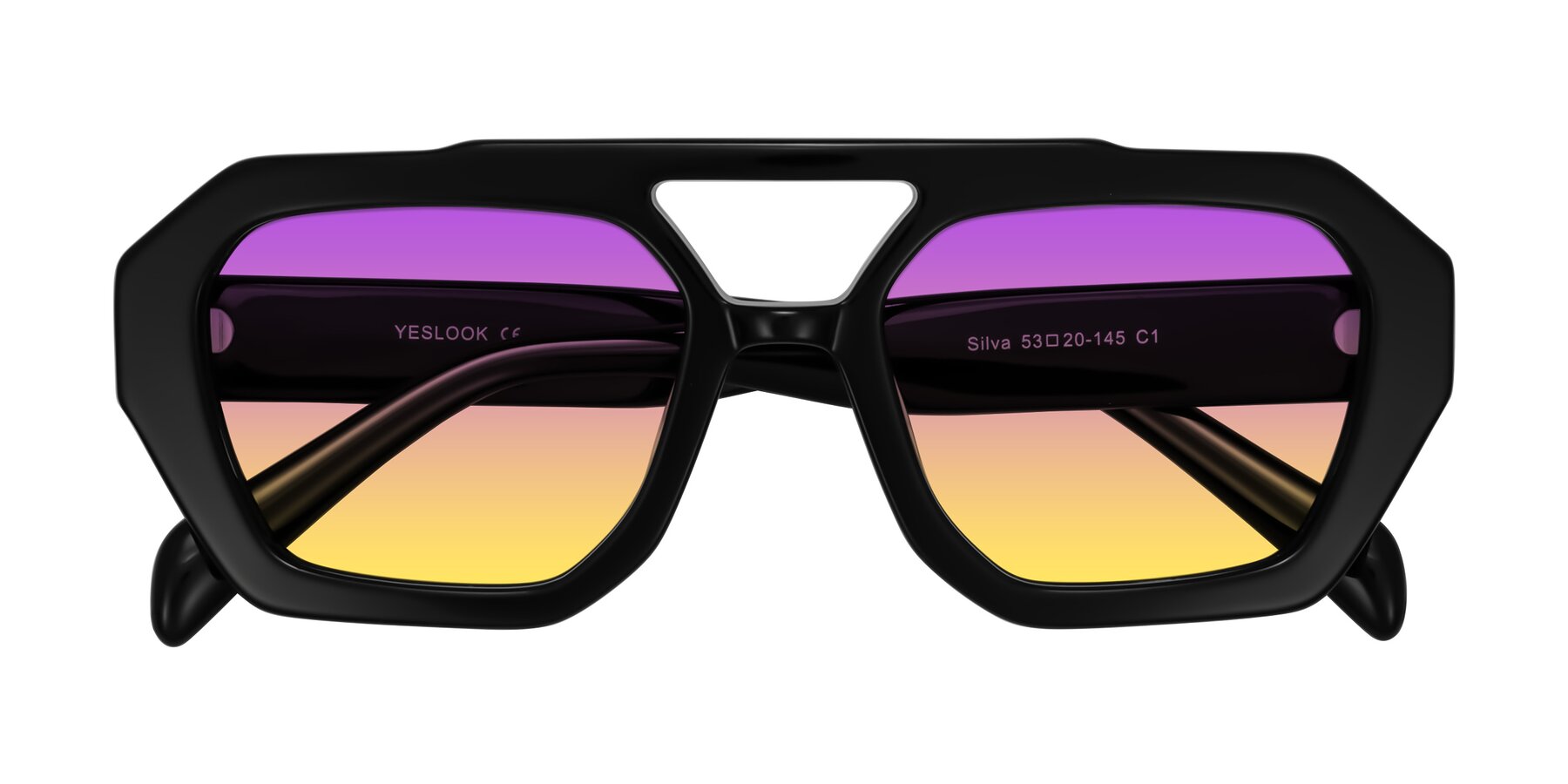 Folded Front of Silva in Black with Purple / Yellow Gradient Lenses