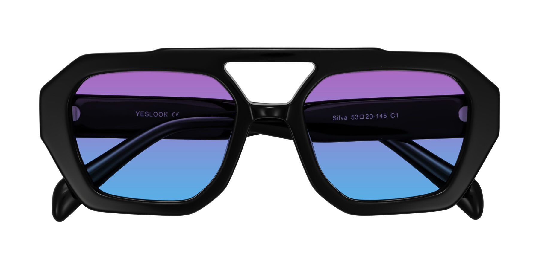Folded Front of Silva in Black with Purple / Blue Gradient Lenses