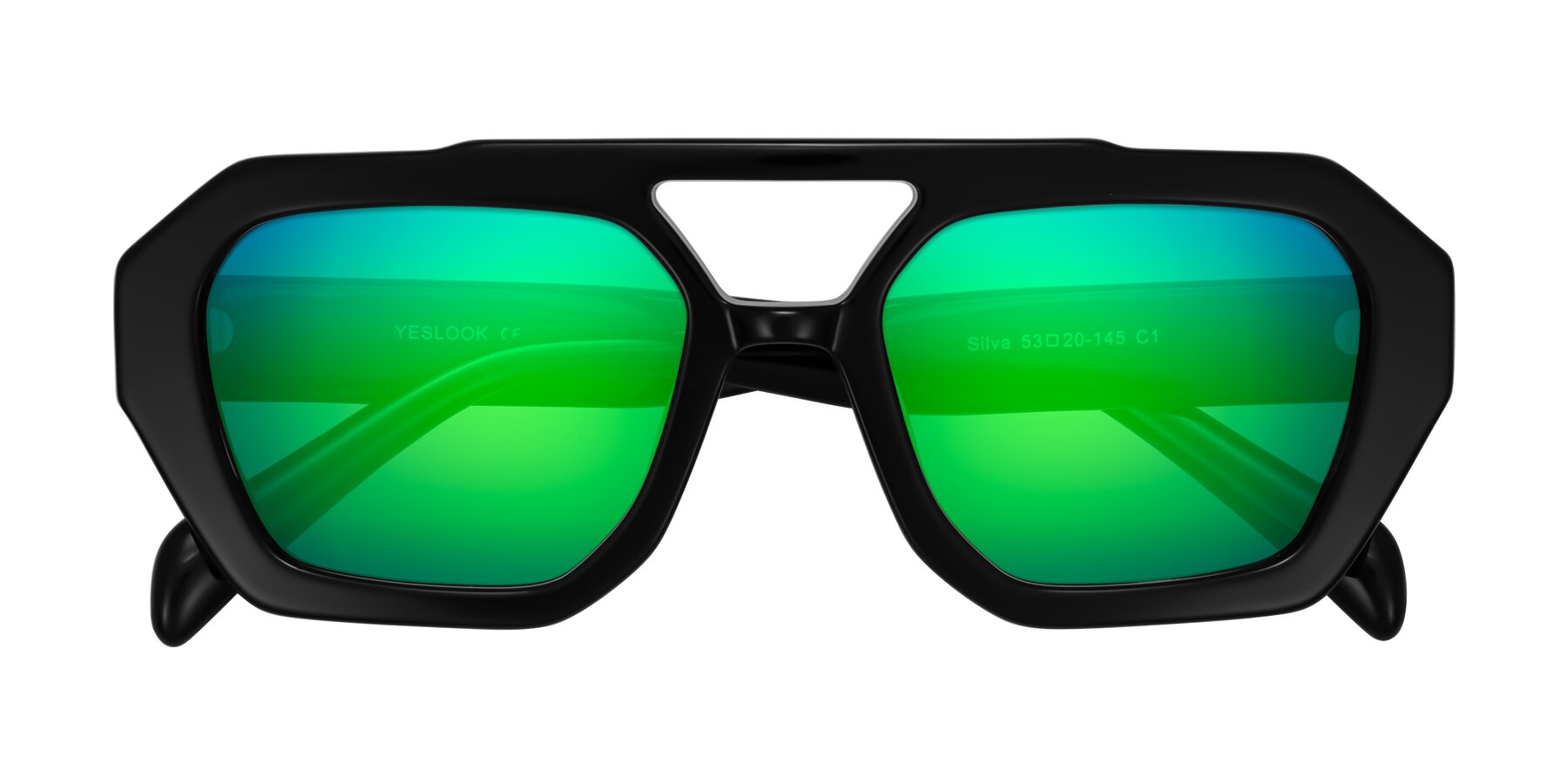 Folded Front of Silva in Black with Green Mirrored Lenses