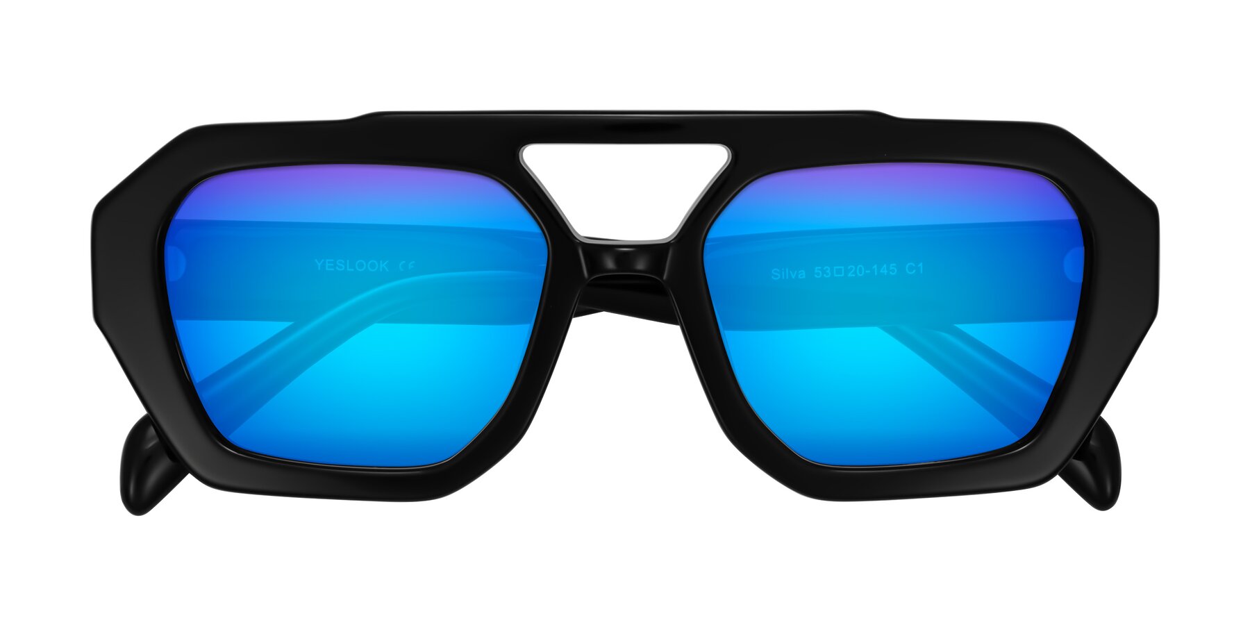 Folded Front of Silva in Black with Blue Mirrored Lenses