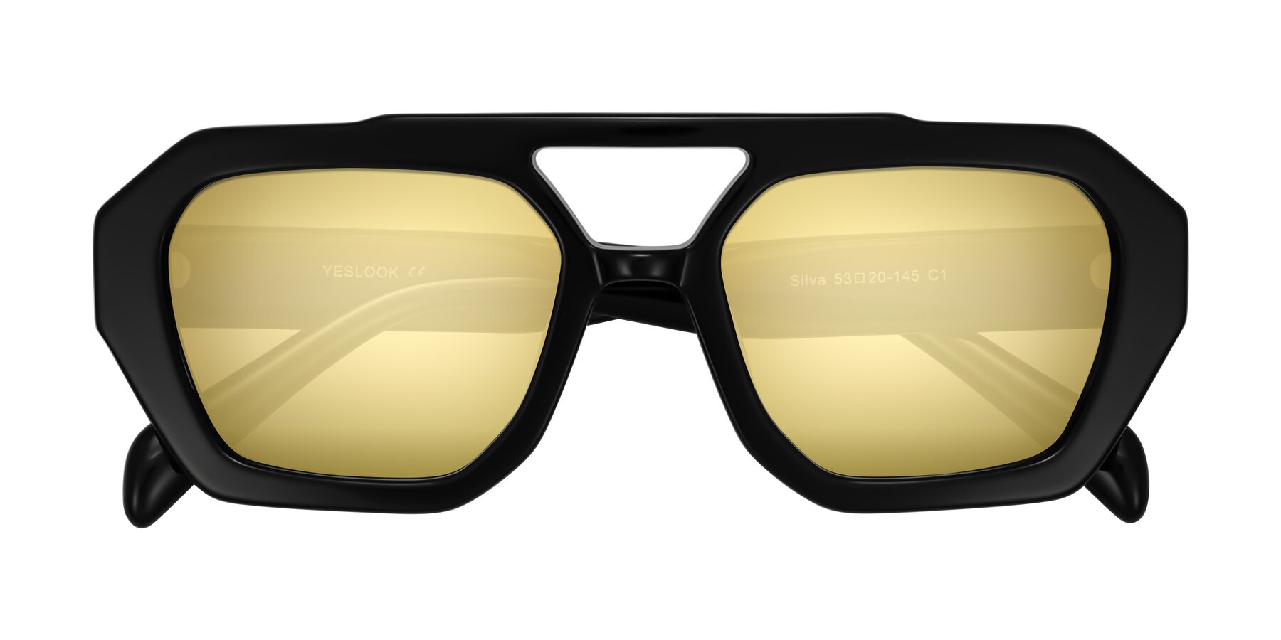 Folded Front of Silva in Black with Gold Mirrored Lenses