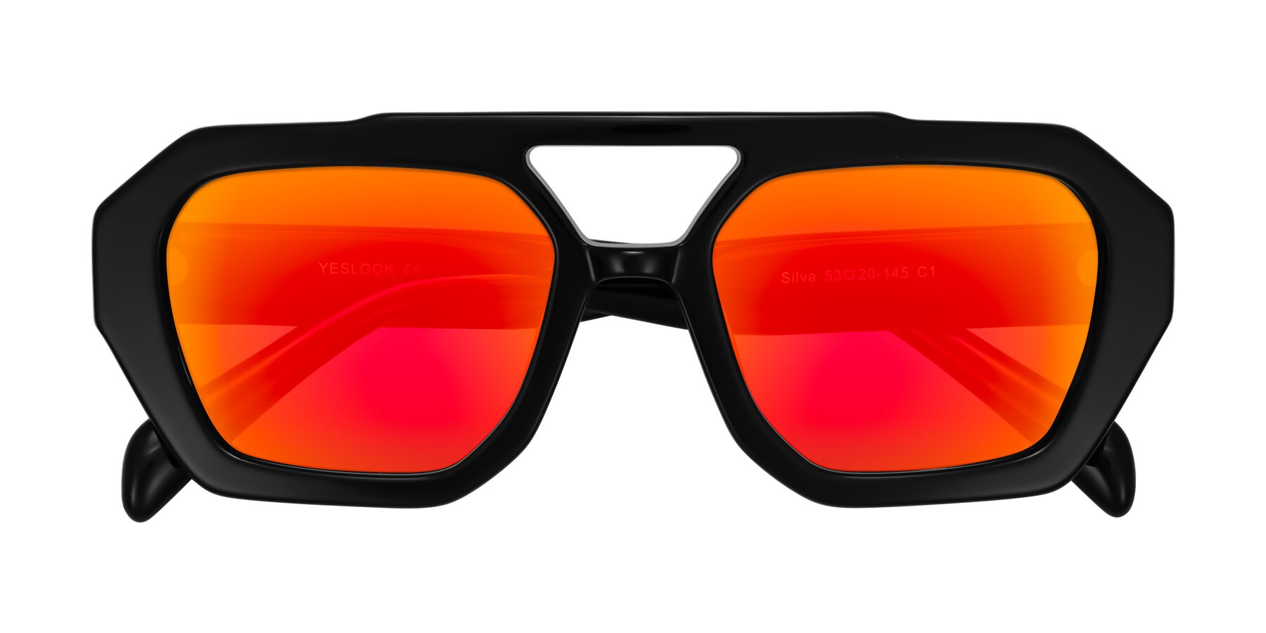 Folded Front of Silva in Black with Red Gold Mirrored Lenses