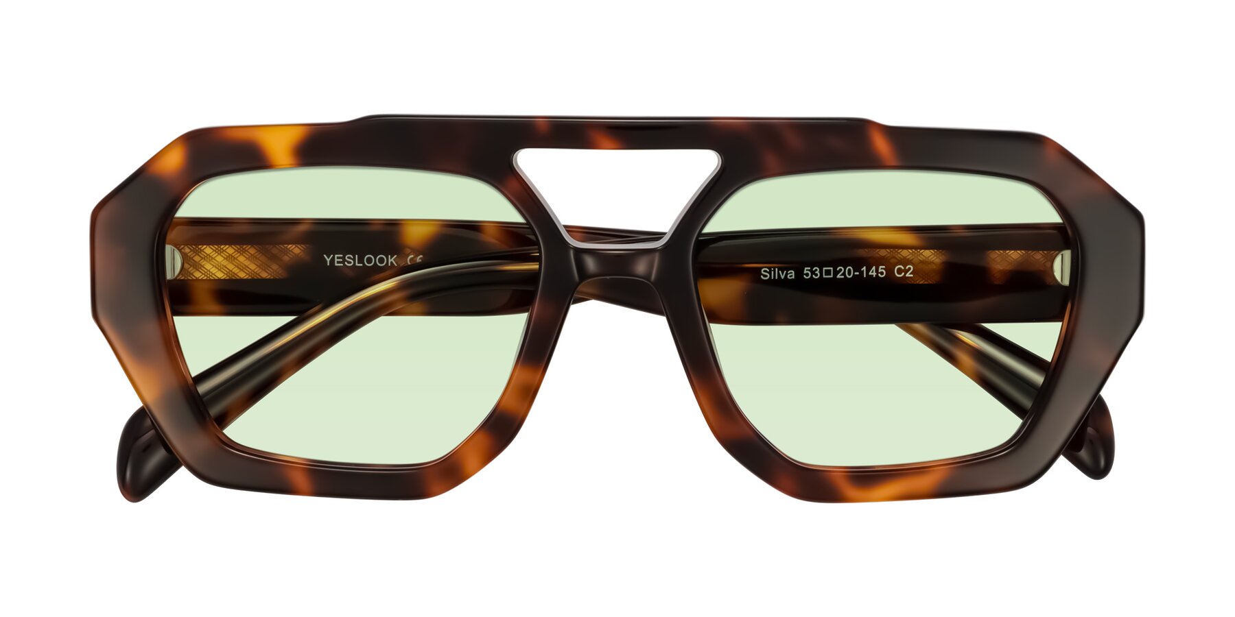 Folded Front of Silva in Tortoise with Light Green Tinted Lenses