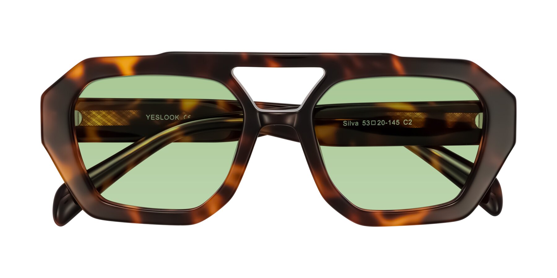 Folded Front of Silva in Tortoise with Medium Green Tinted Lenses