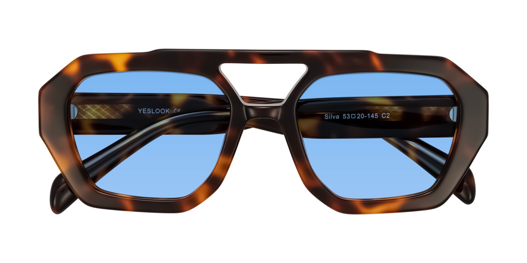 Folded Front of Silva in Tortoise with Medium Blue Tinted Lenses