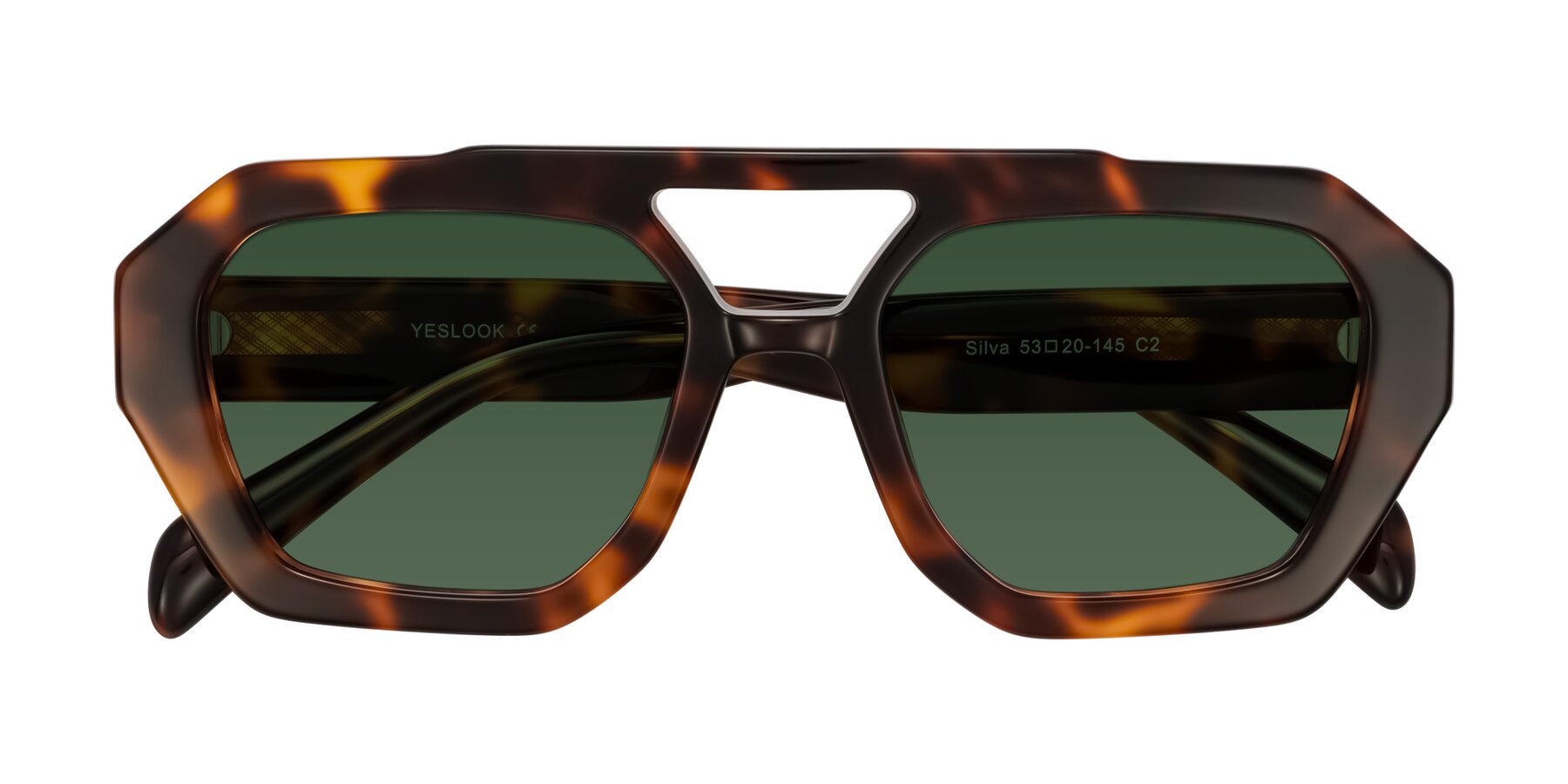 Folded Front of Silva in Tortoise with Green Tinted Lenses