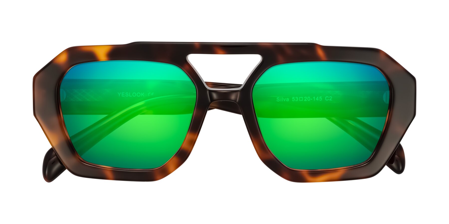 Folded Front of Silva in Tortoise with Green Mirrored Lenses