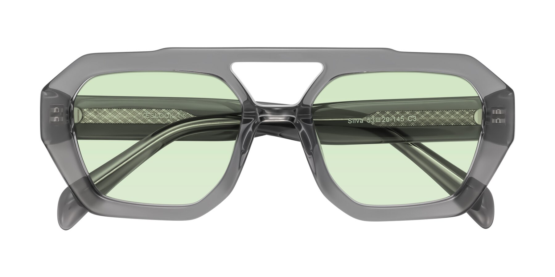 Folded Front of Silva in Gray with Light Green Tinted Lenses