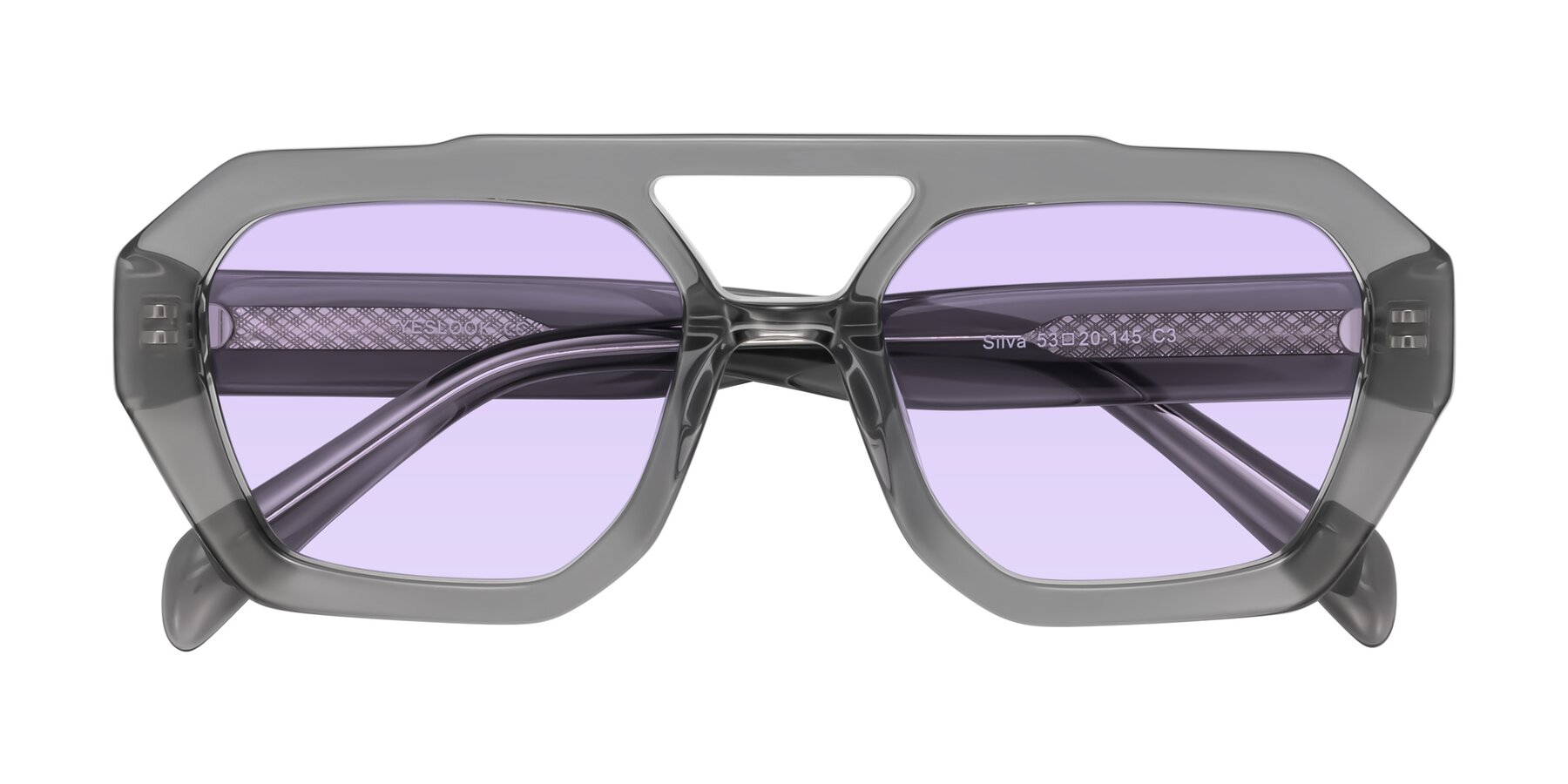 Folded Front of Silva in Gray with Light Purple Tinted Lenses
