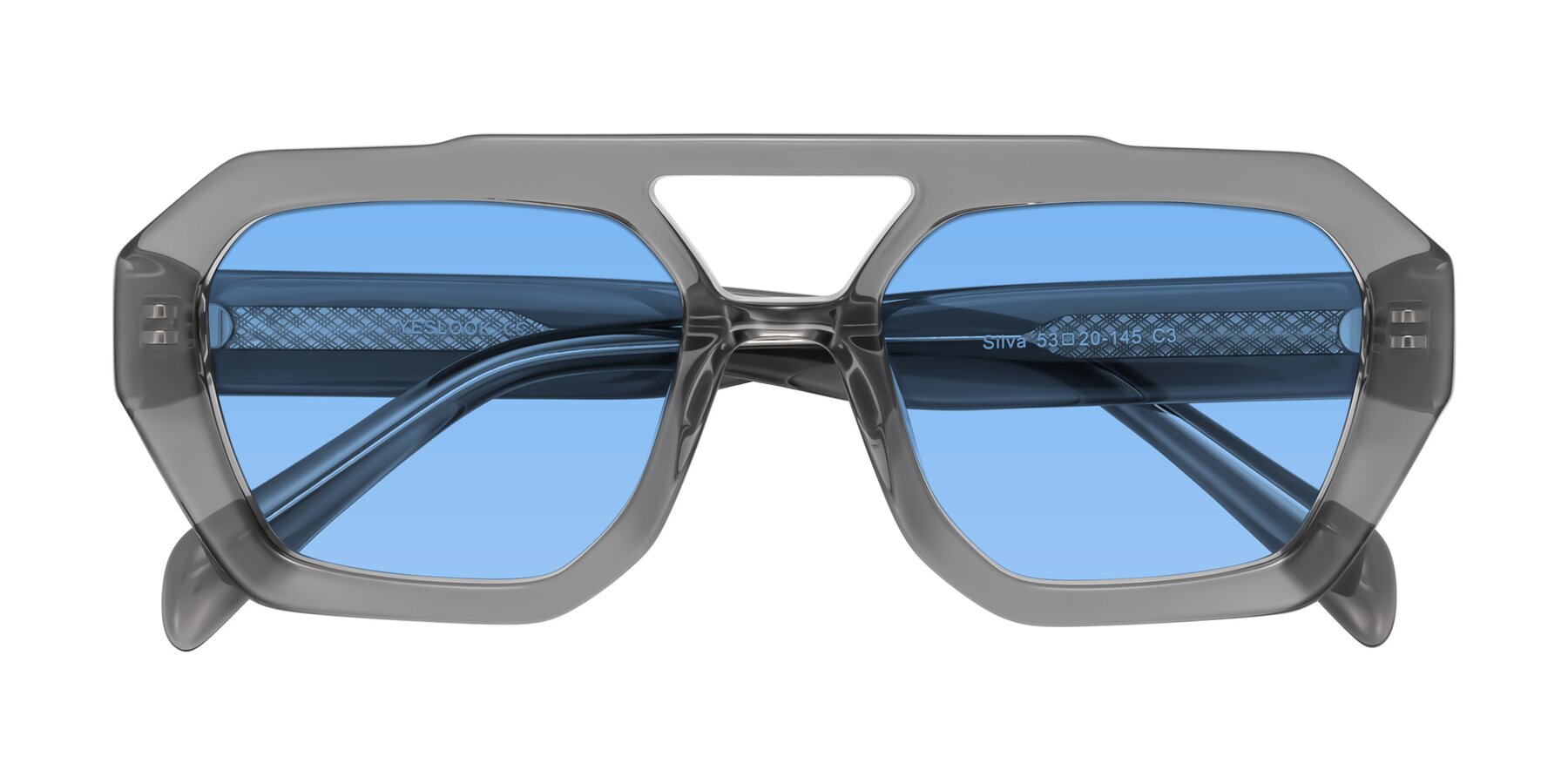 Folded Front of Silva in Gray with Medium Blue Tinted Lenses