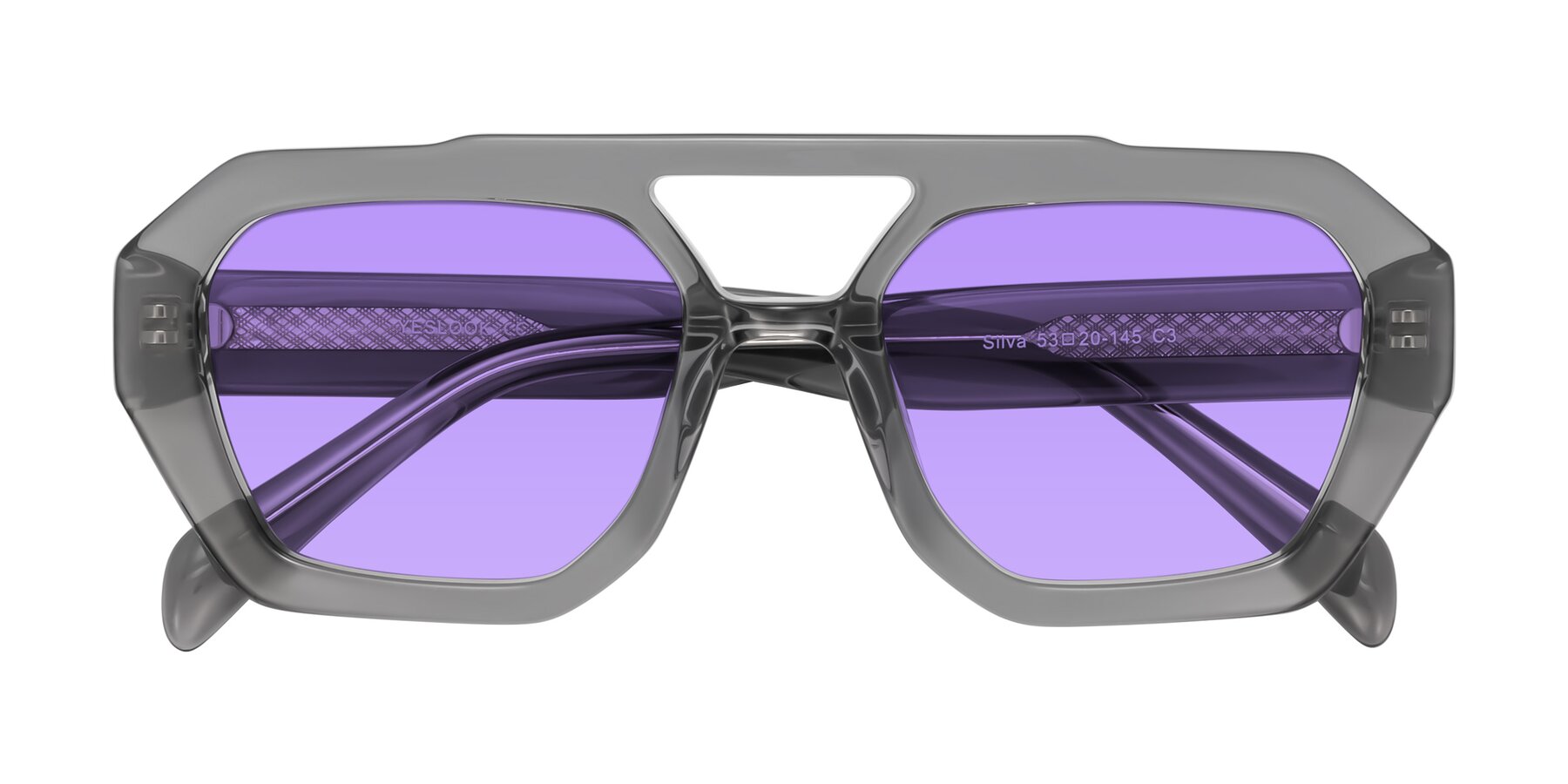 Folded Front of Silva in Gray with Medium Purple Tinted Lenses