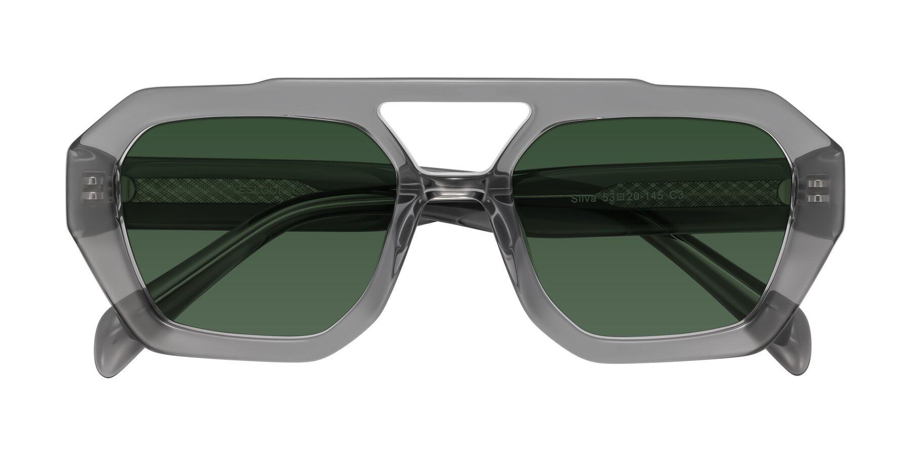 Folded Front of Silva in Gray with Green Tinted Lenses
