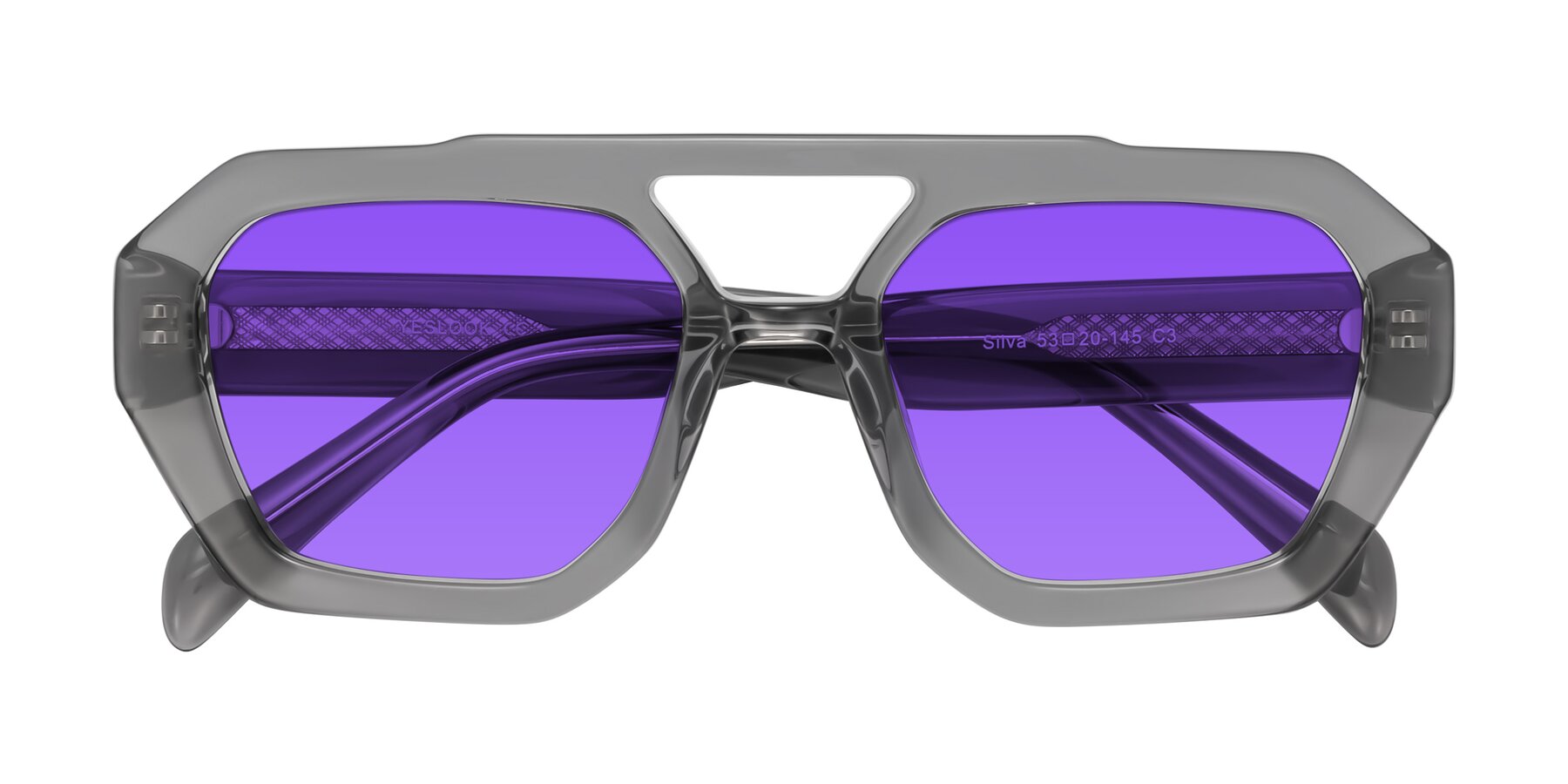 Folded Front of Silva in Gray with Purple Tinted Lenses