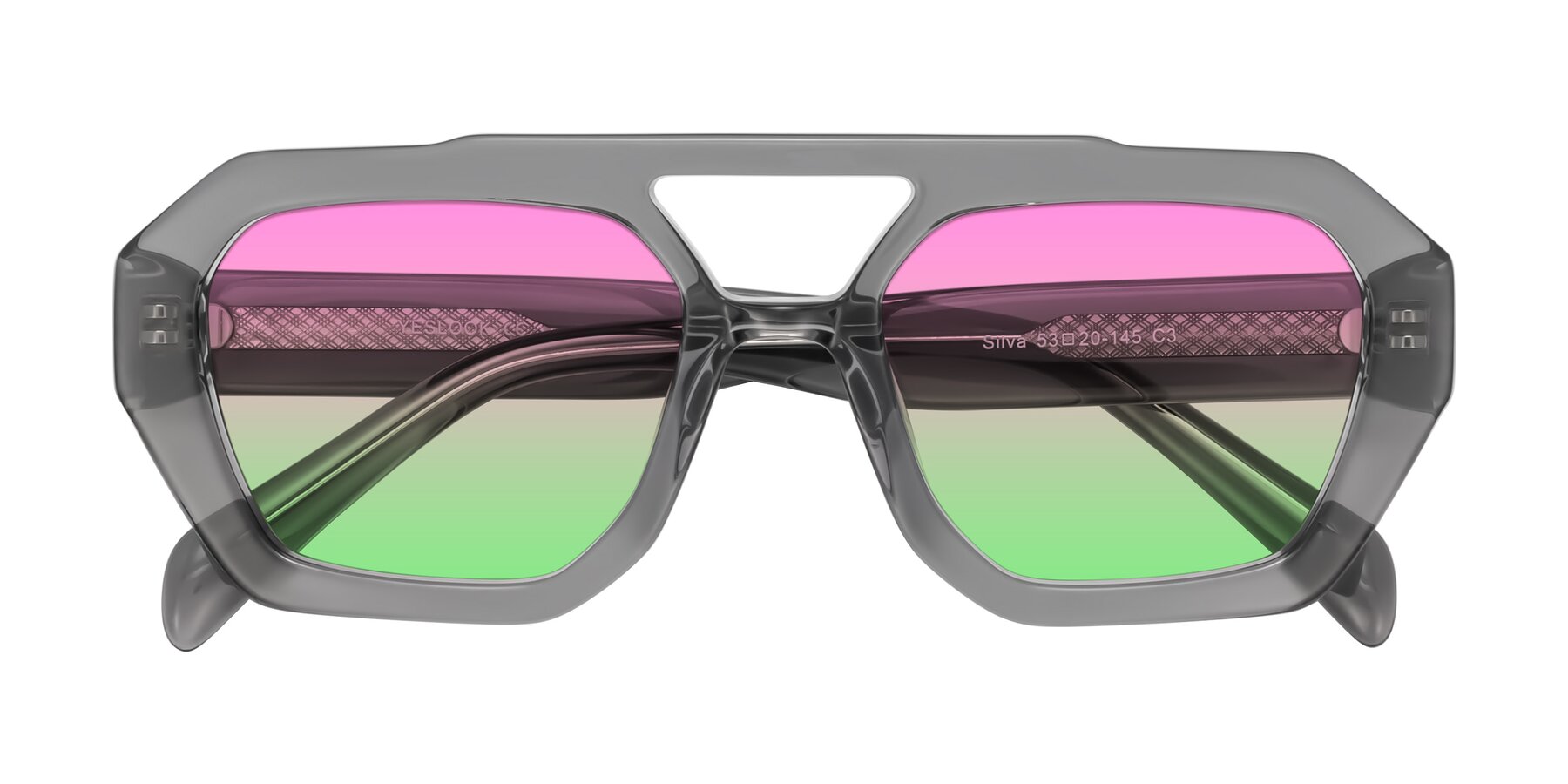 Folded Front of Silva in Gray with Pink / Green Gradient Lenses