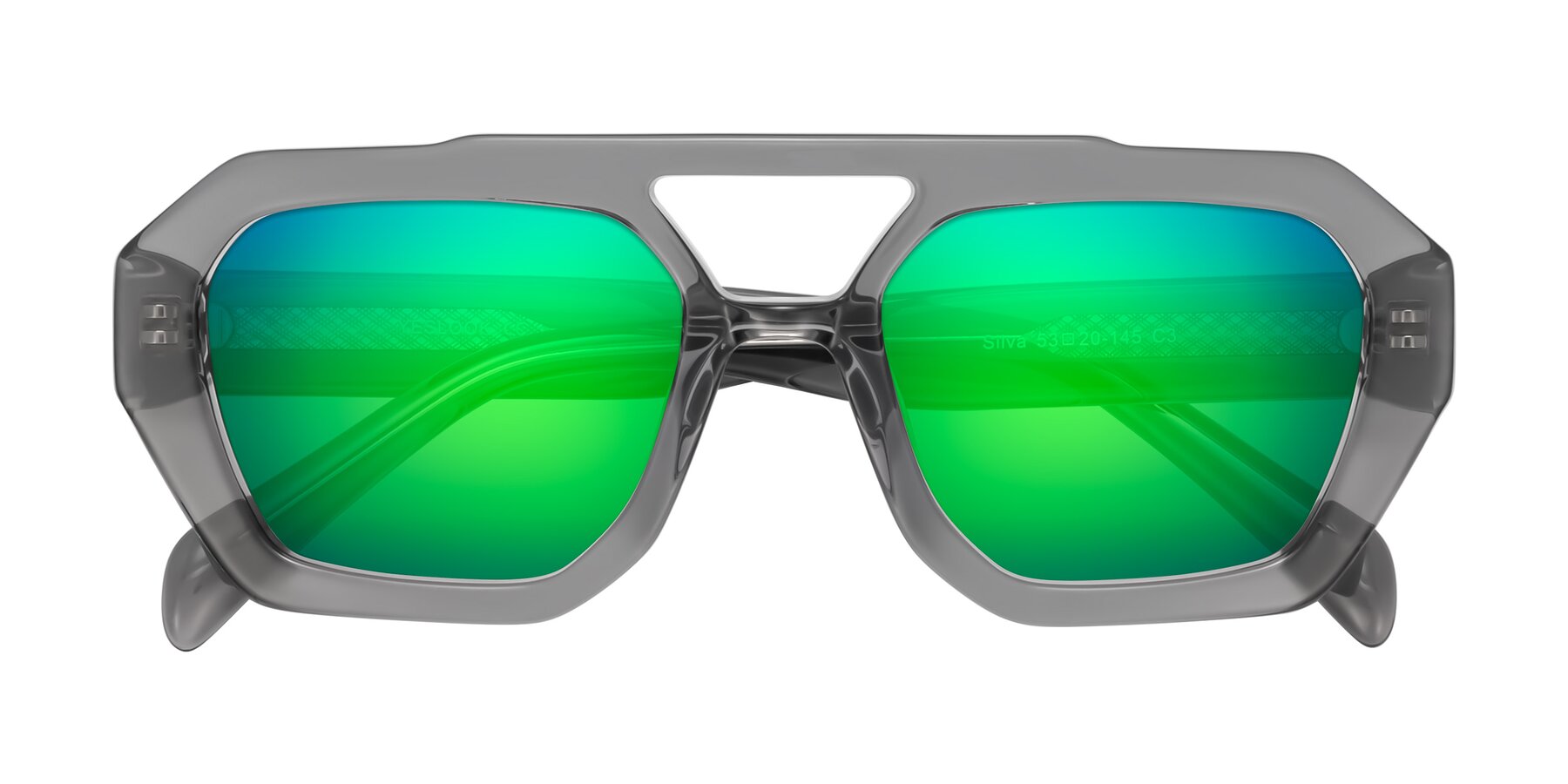 Folded Front of Silva in Gray with Green Mirrored Lenses
