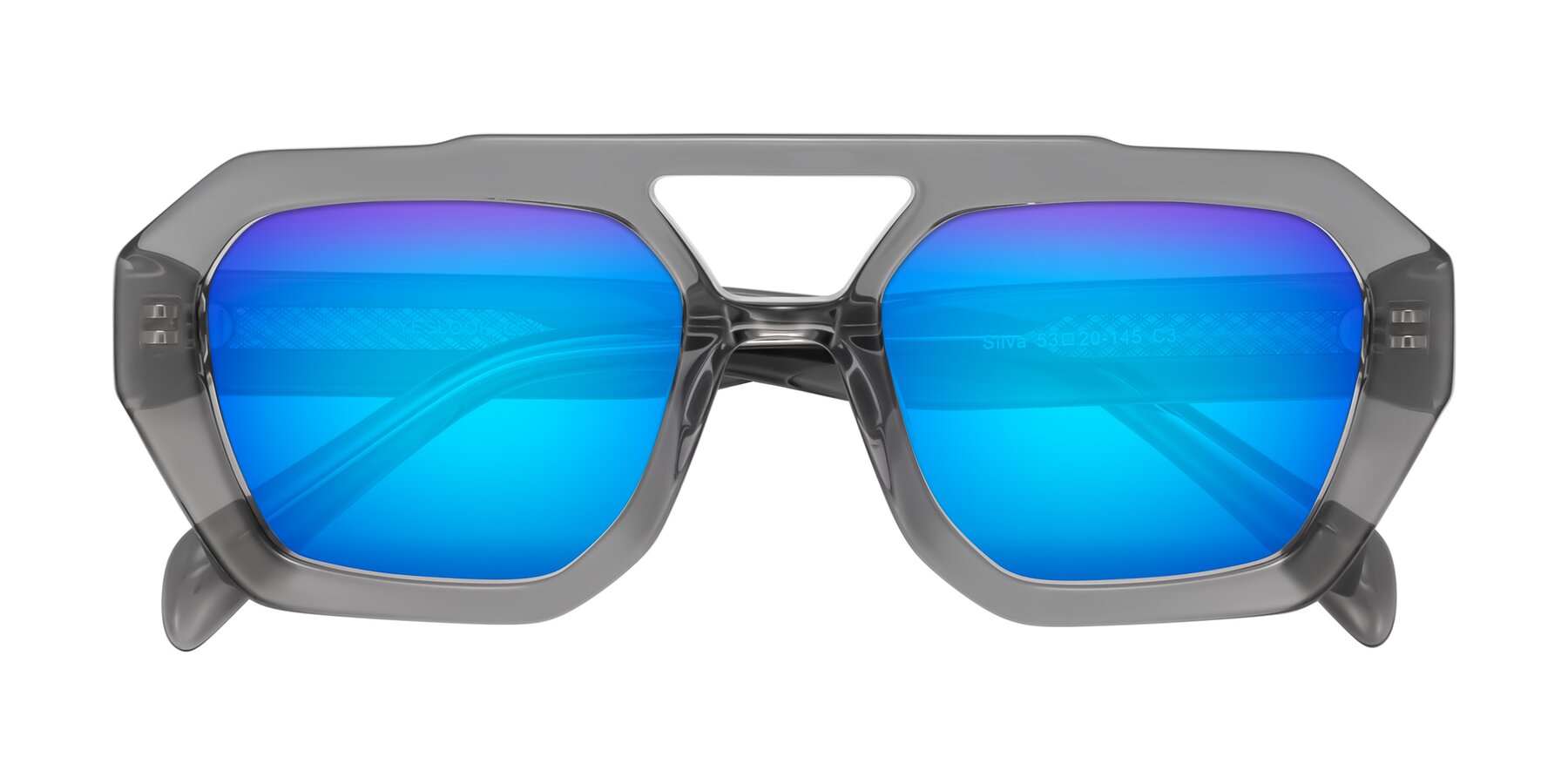 Folded Front of Silva in Gray with Blue Mirrored Lenses