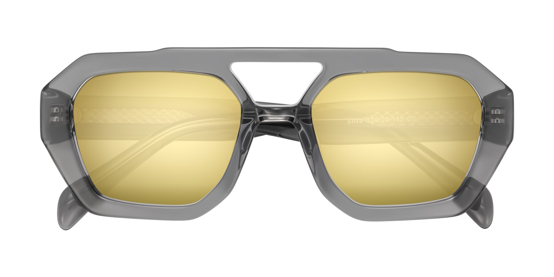 Folded Front of Silva in Gray with Gold Mirrored Lenses