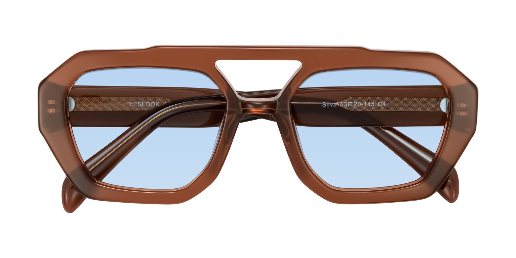 Folded Front of Silva in Brown with Light Blue Tinted Lenses
