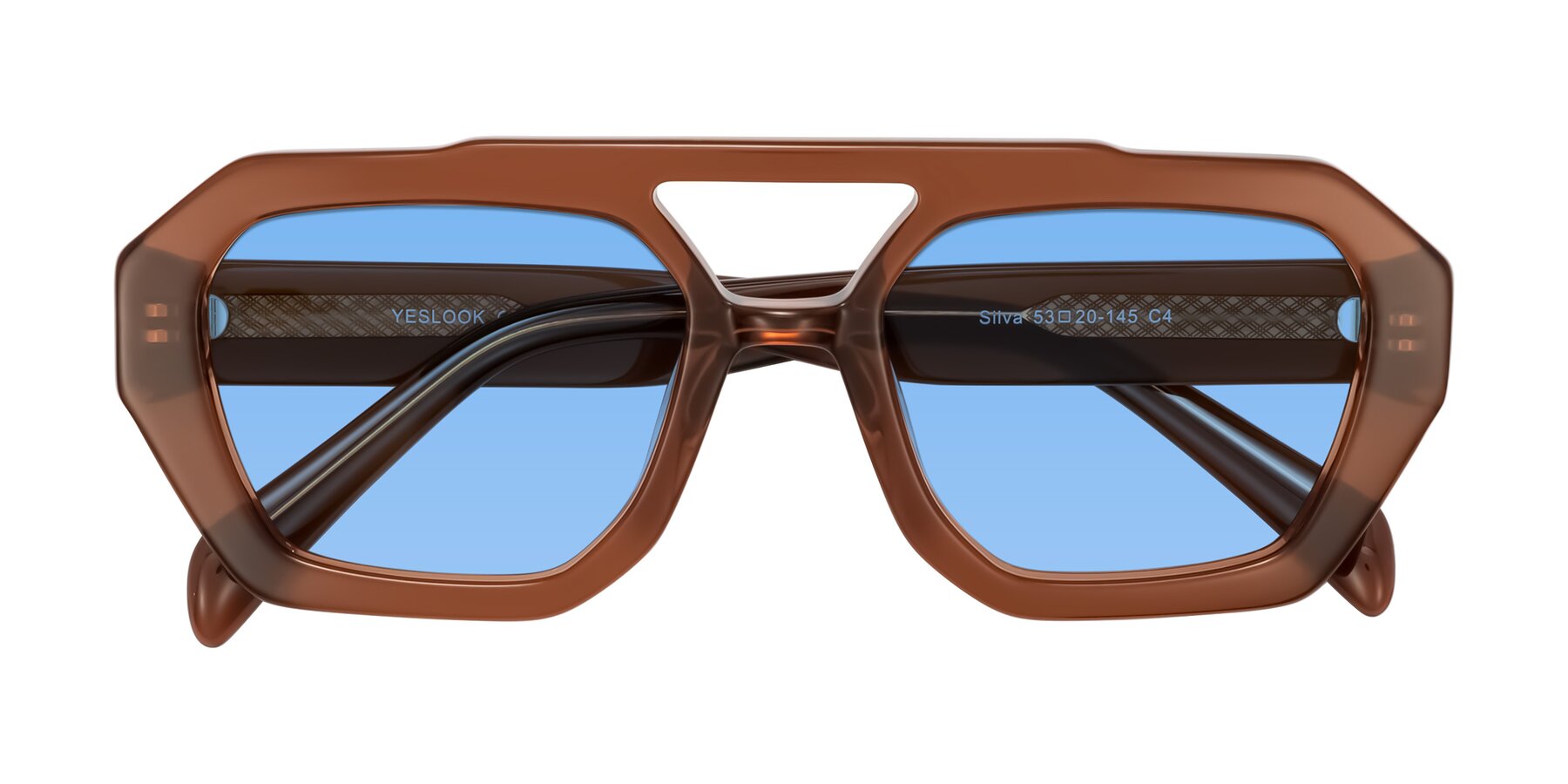 Folded Front of Silva in Brown with Medium Blue Tinted Lenses