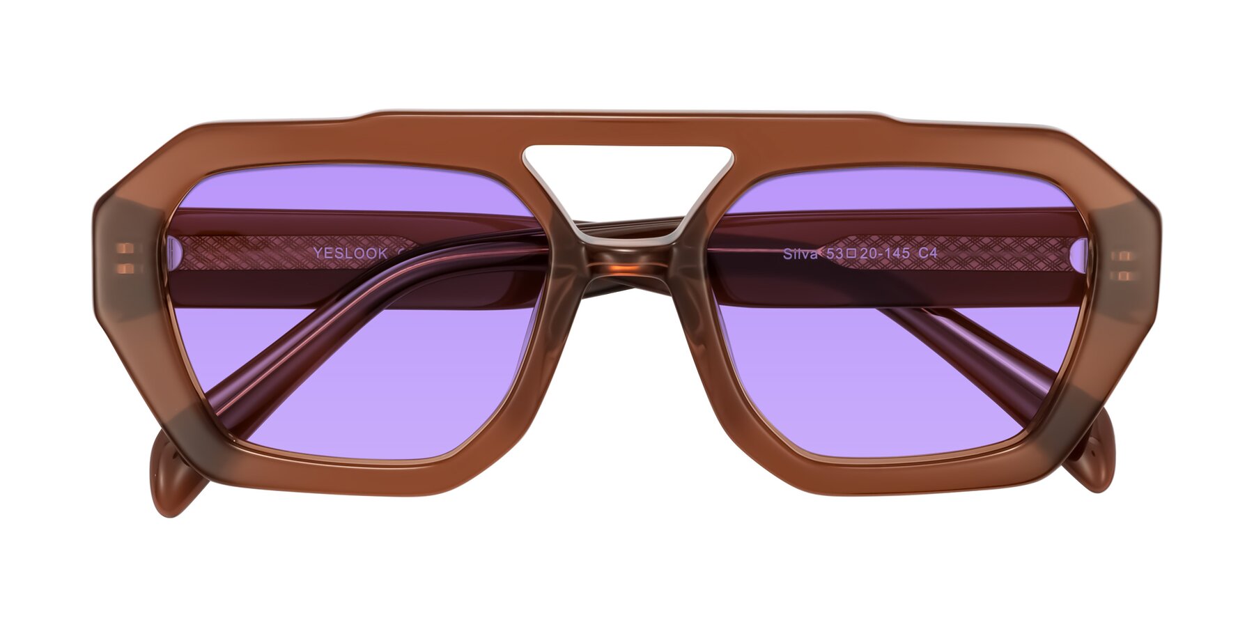 Folded Front of Silva in Brown with Medium Purple Tinted Lenses