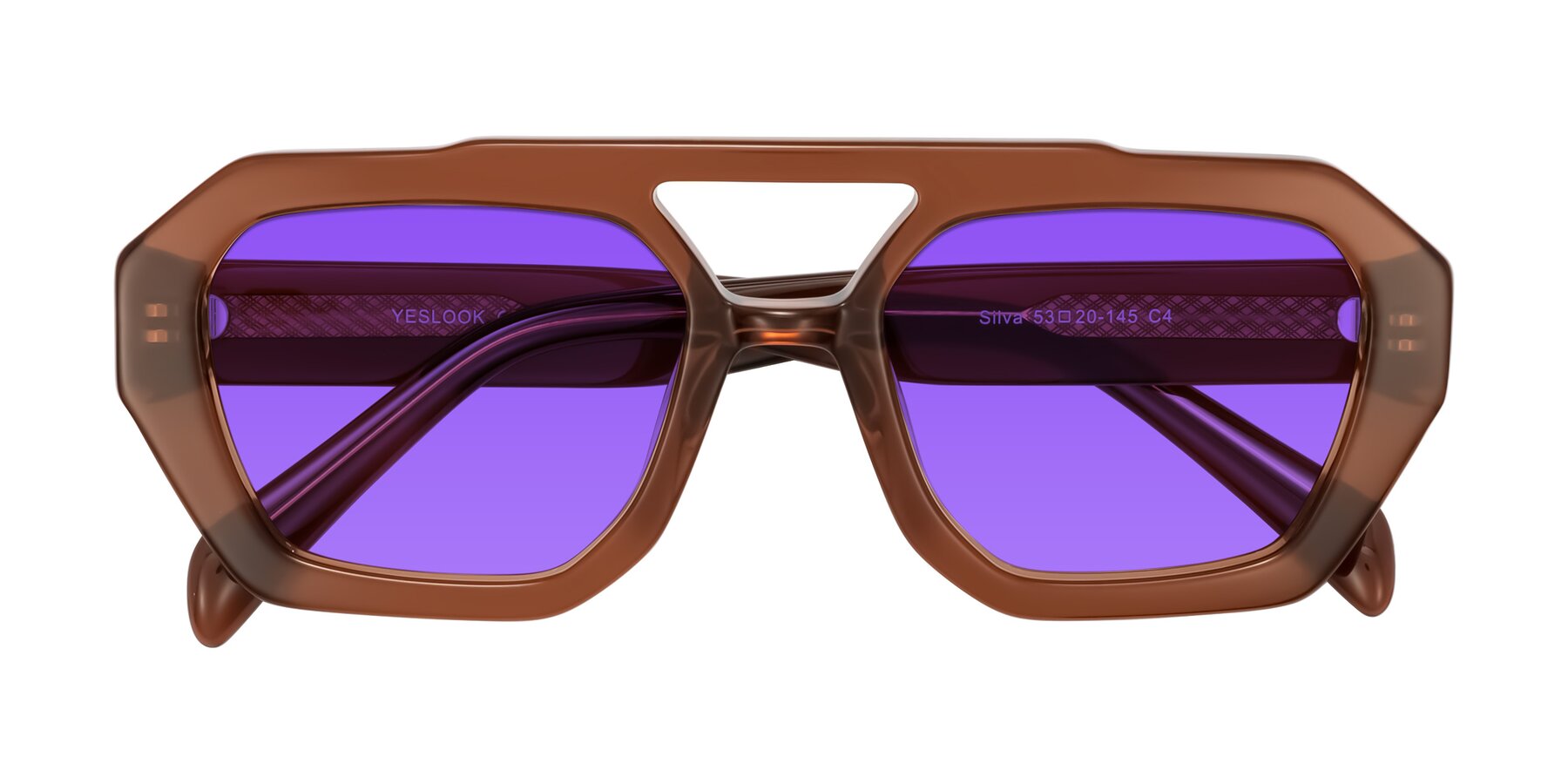 Folded Front of Silva in Brown with Purple Tinted Lenses