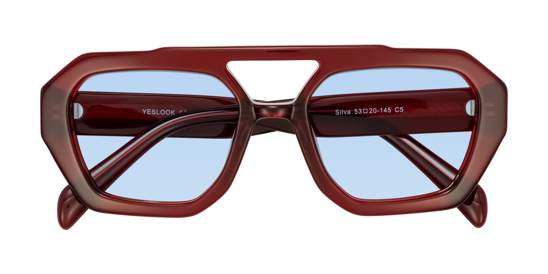 Folded Front of Silva in Wine with Light Blue Tinted Lenses