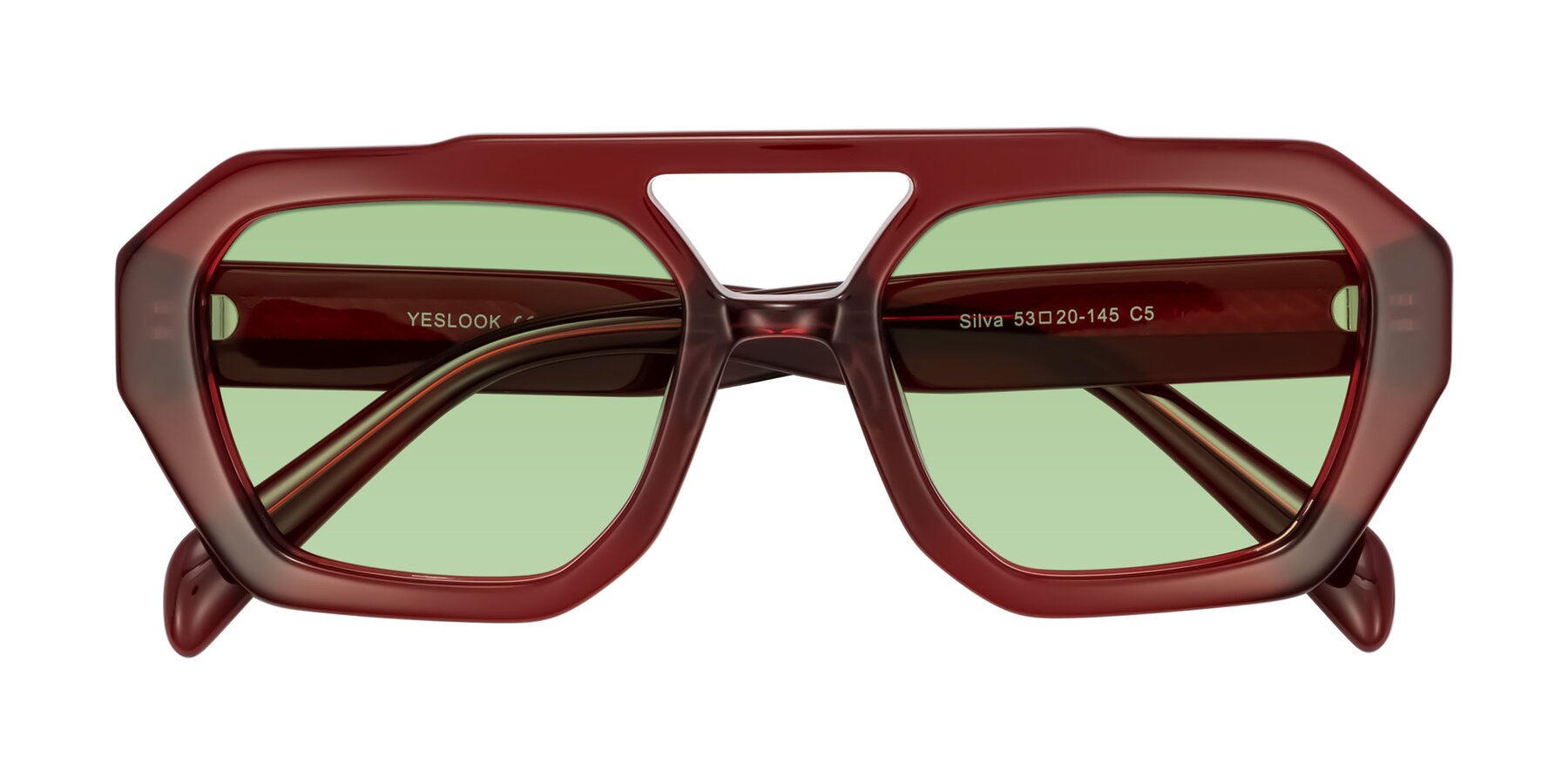 Folded Front of Silva in Wine with Medium Green Tinted Lenses