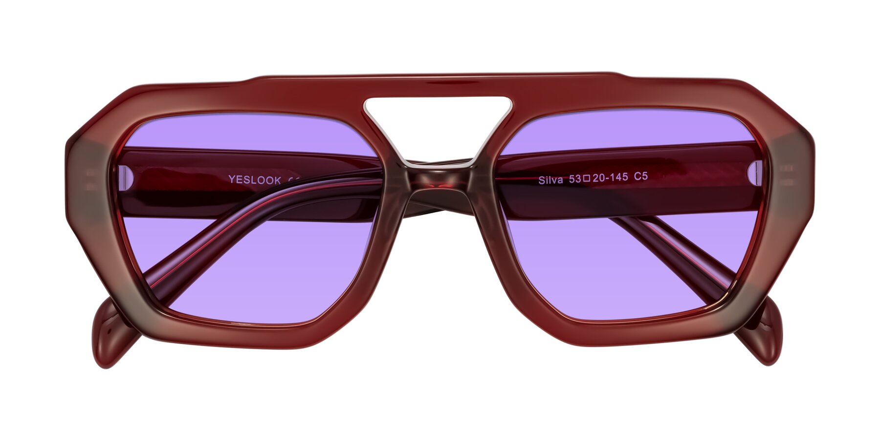 Folded Front of Silva in Wine with Medium Purple Tinted Lenses