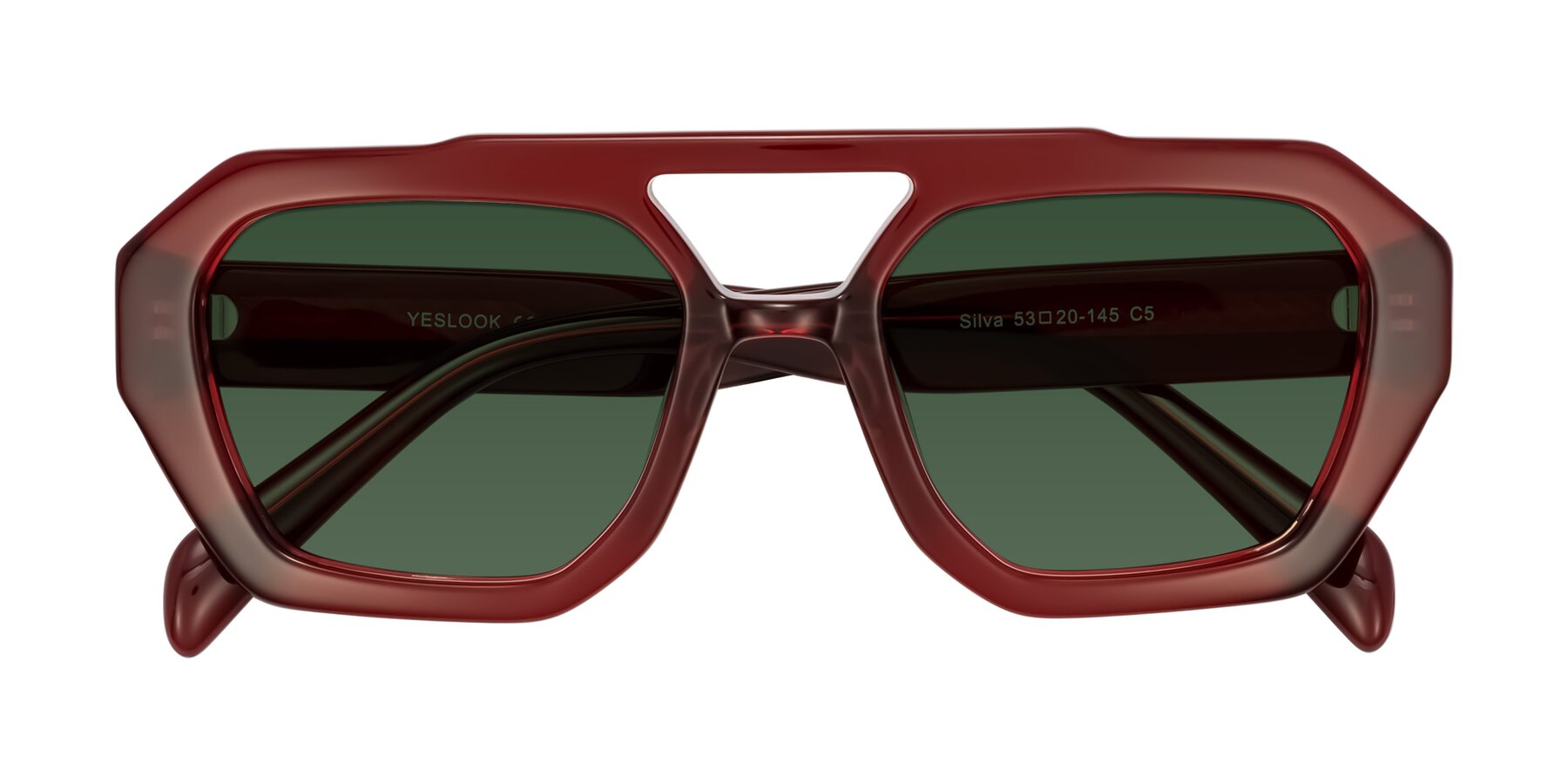 Folded Front of Silva in Wine with Green Tinted Lenses
