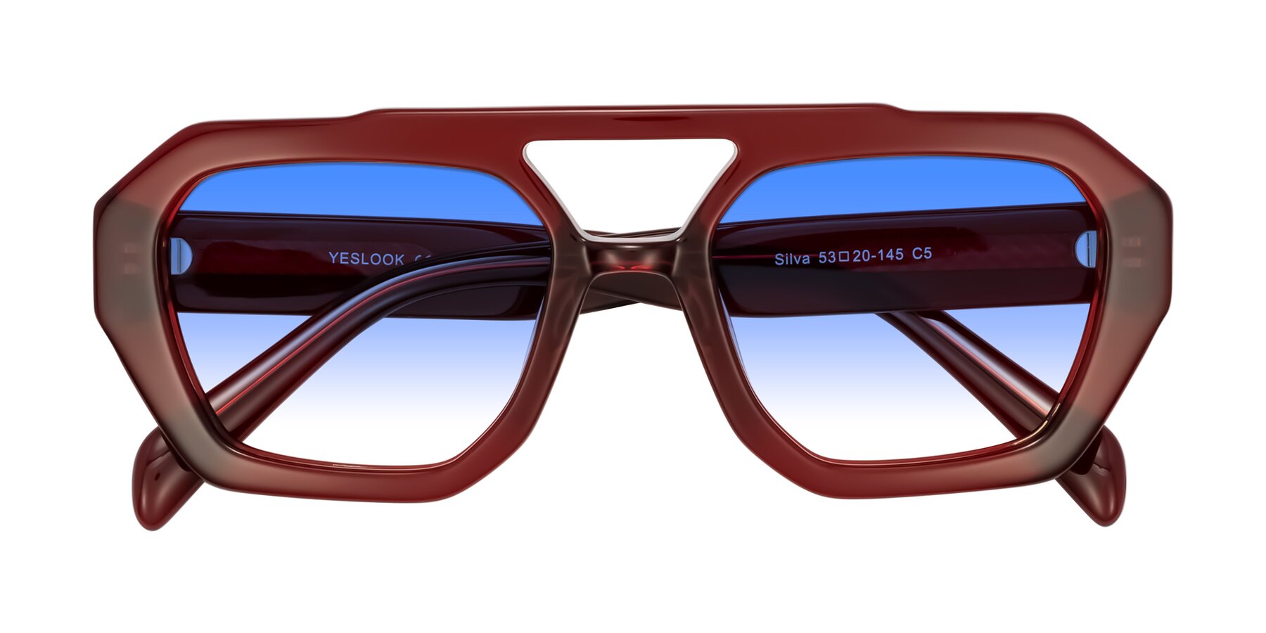 Folded Front of Silva in Wine with Blue Gradient Lenses