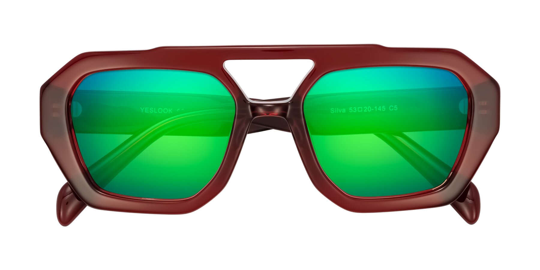 Folded Front of Silva in Wine with Green Mirrored Lenses