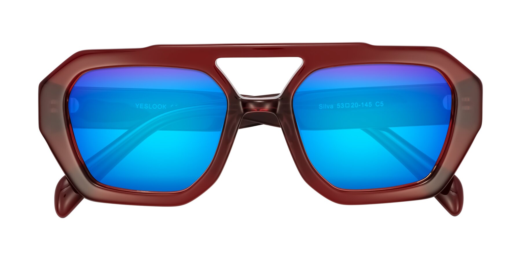 Folded Front of Silva in Wine with Blue Mirrored Lenses