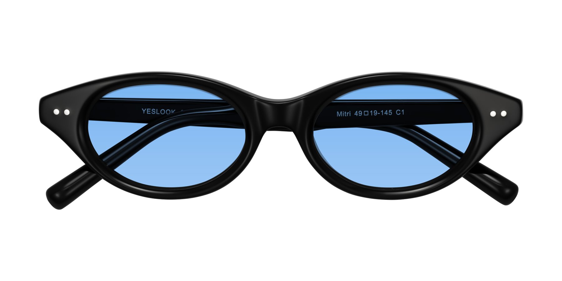 Folded Front of Mitri in Black with Medium Blue Tinted Lenses