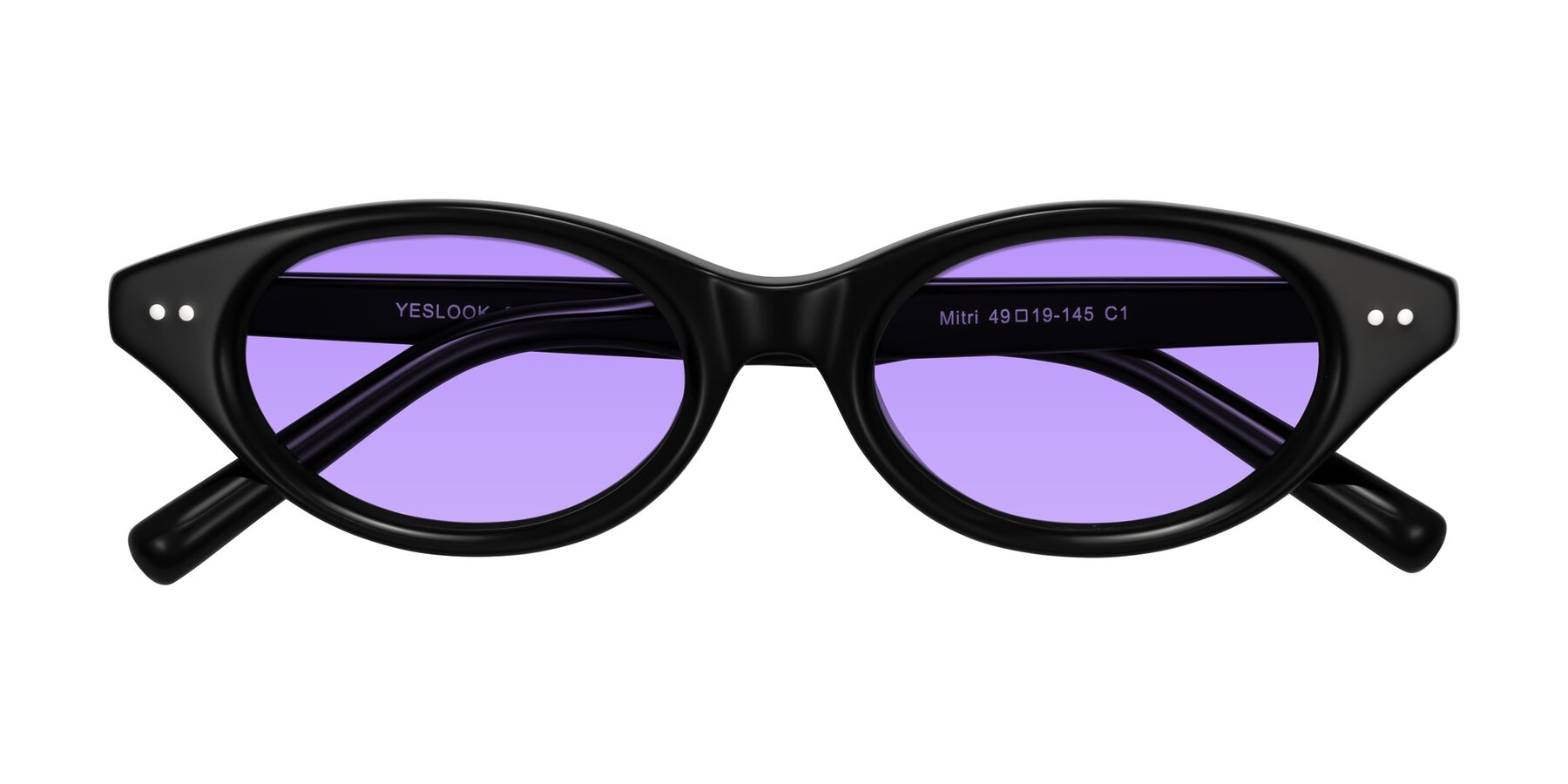 Folded Front of Mitri in Black with Medium Purple Tinted Lenses