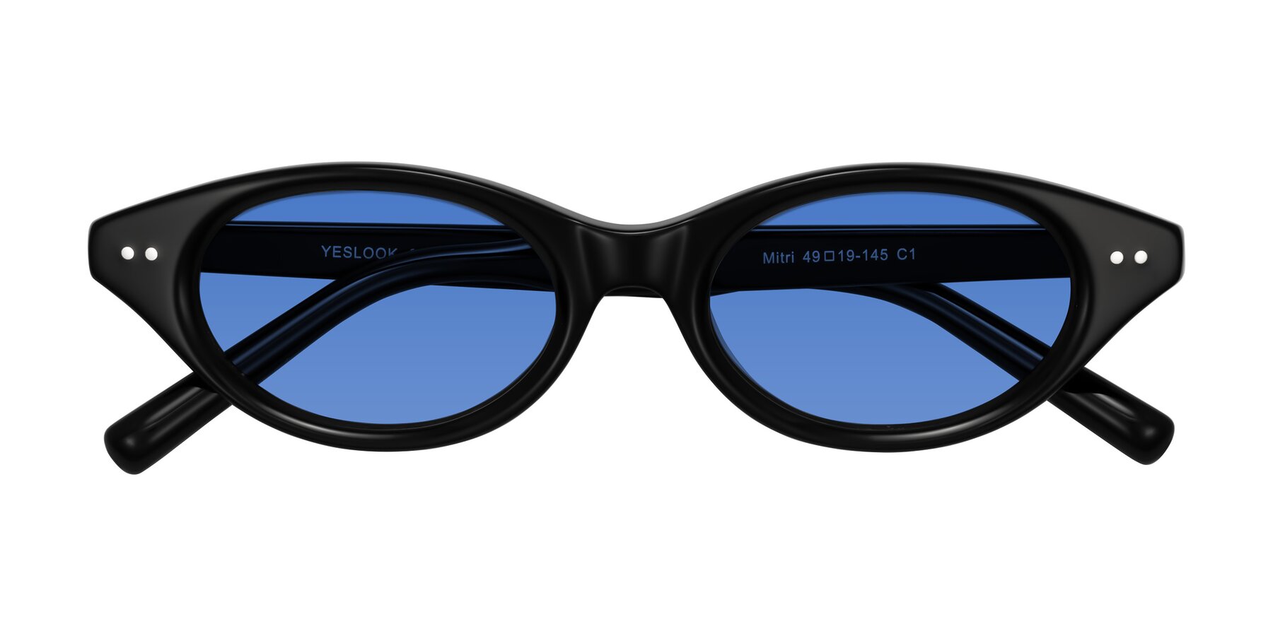 Folded Front of Mitri in Black with Blue Tinted Lenses